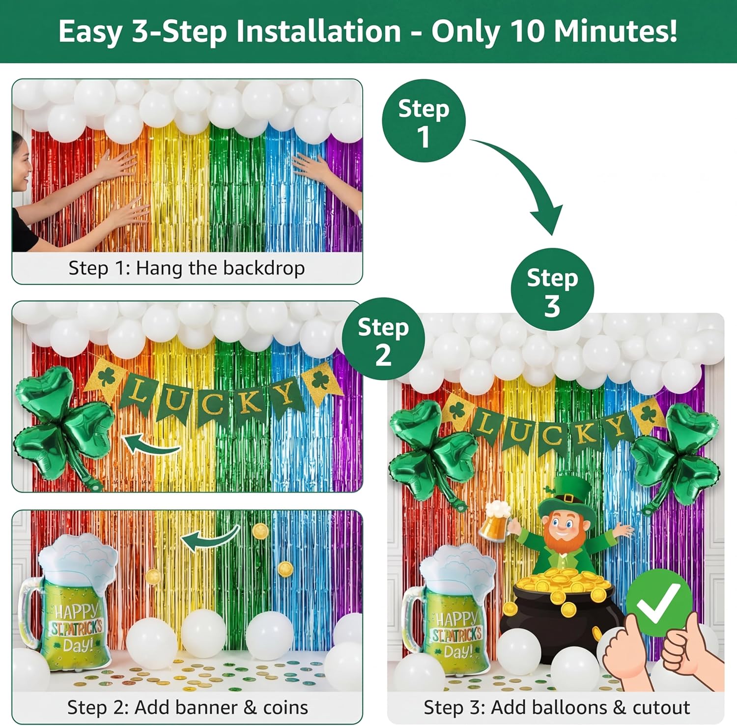 Hungdao 137 Pcs St. Patrick's Day Balloons Party Decorations, Shamrock Foil Balloons Clover Lucky Shamrock Banner Foil Fringe Curtains Green Gold Lucky Coins for Saint Patricks Day Irish Party Decor