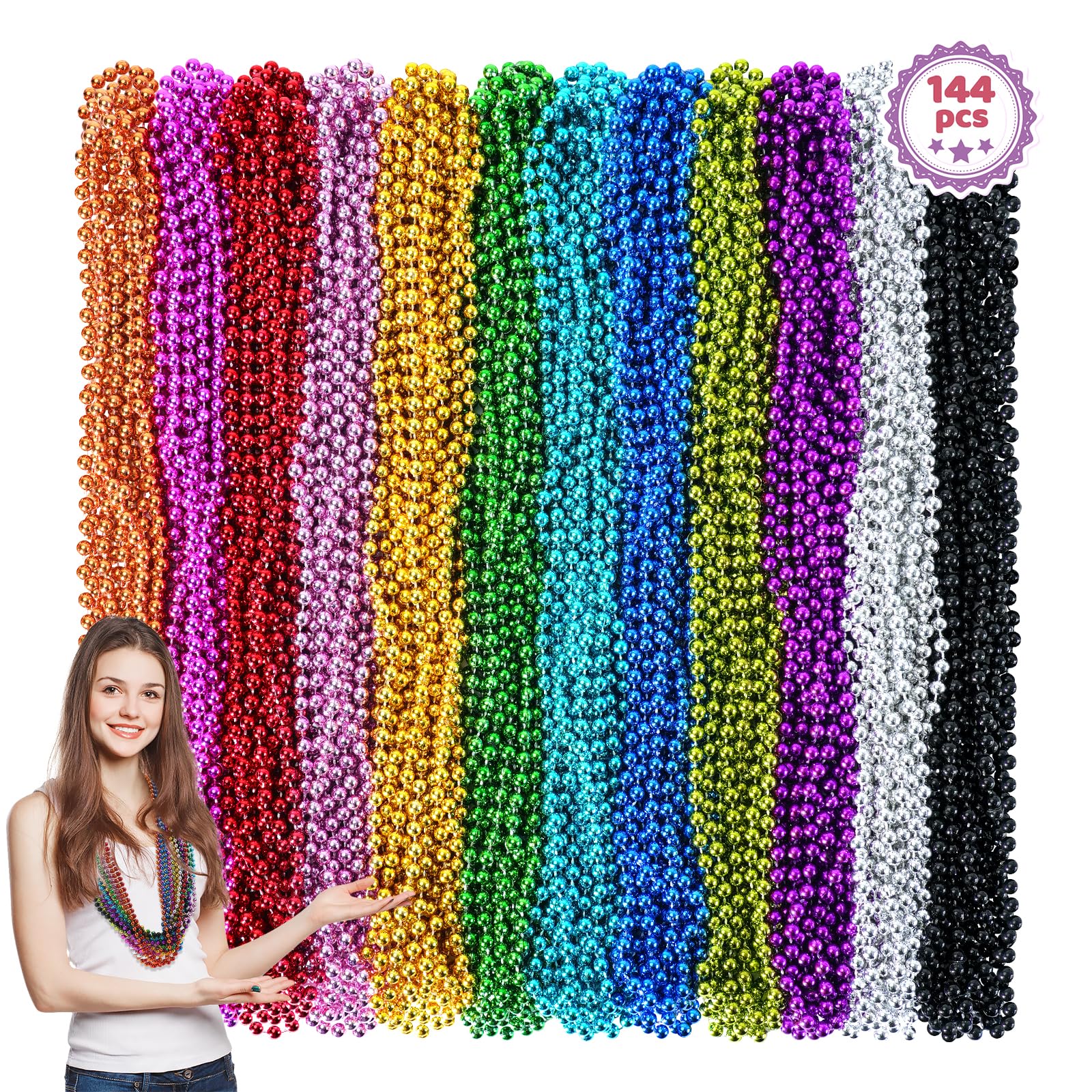 144PCS Mardi Gras Beads, 12 Colors Mardi Gras Beads Bulk, 33'' 7mm Mardi Gras Beads Necklaces, Metallic Beaded Necklaces for Party Costume Matching, Mardi Gras Parades Throw, Dress-up Events