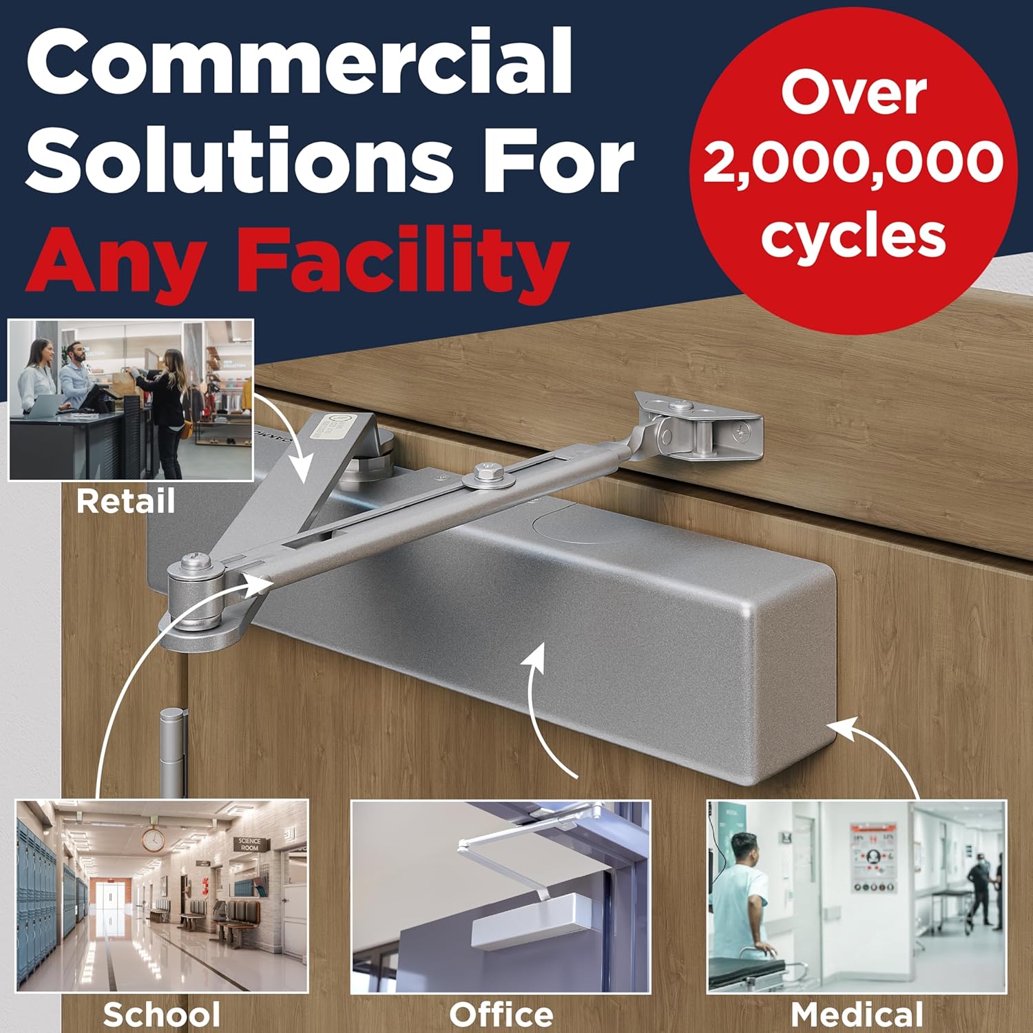 Heavy Duty Commercial Door Closer, Automatic Self Closing Door Hinges, ADA UL Grade 1-6 Listed, Door Closers Commercial High Traffic, Auto Door Closer, Hydraulic Spring Soft Close (Silver)