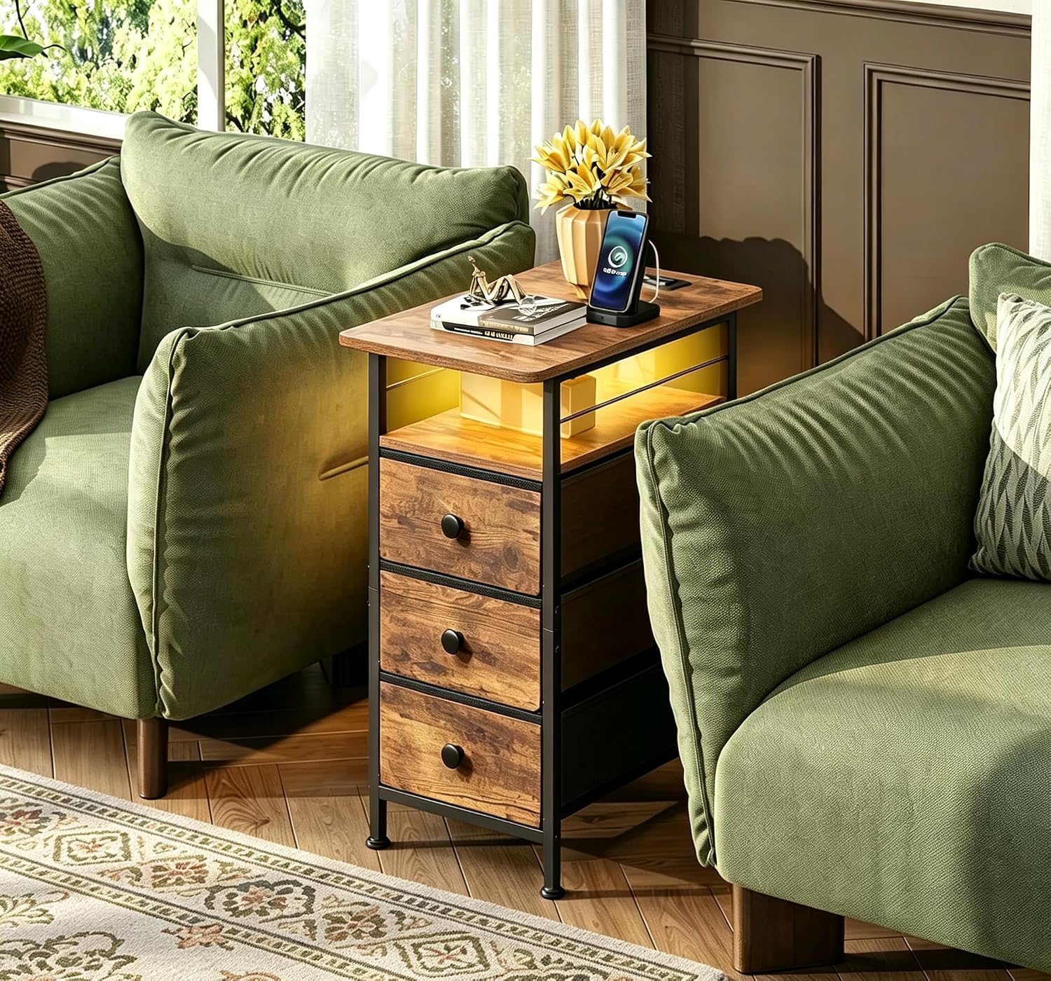 WLIVE Night Stand with Charging Station, End Table with 3 Fabric Drawers image 2