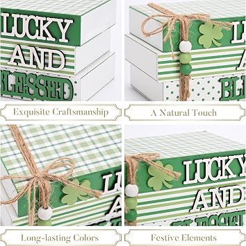 Valery Madelyn St Patrick's Day Decorations, St Patrick's Day Wooden Book Decor, Shamrock Decorations for Tiered Tray Shelf Coffee Table Side Table Home Office with Tassel and Beads, 5 inch