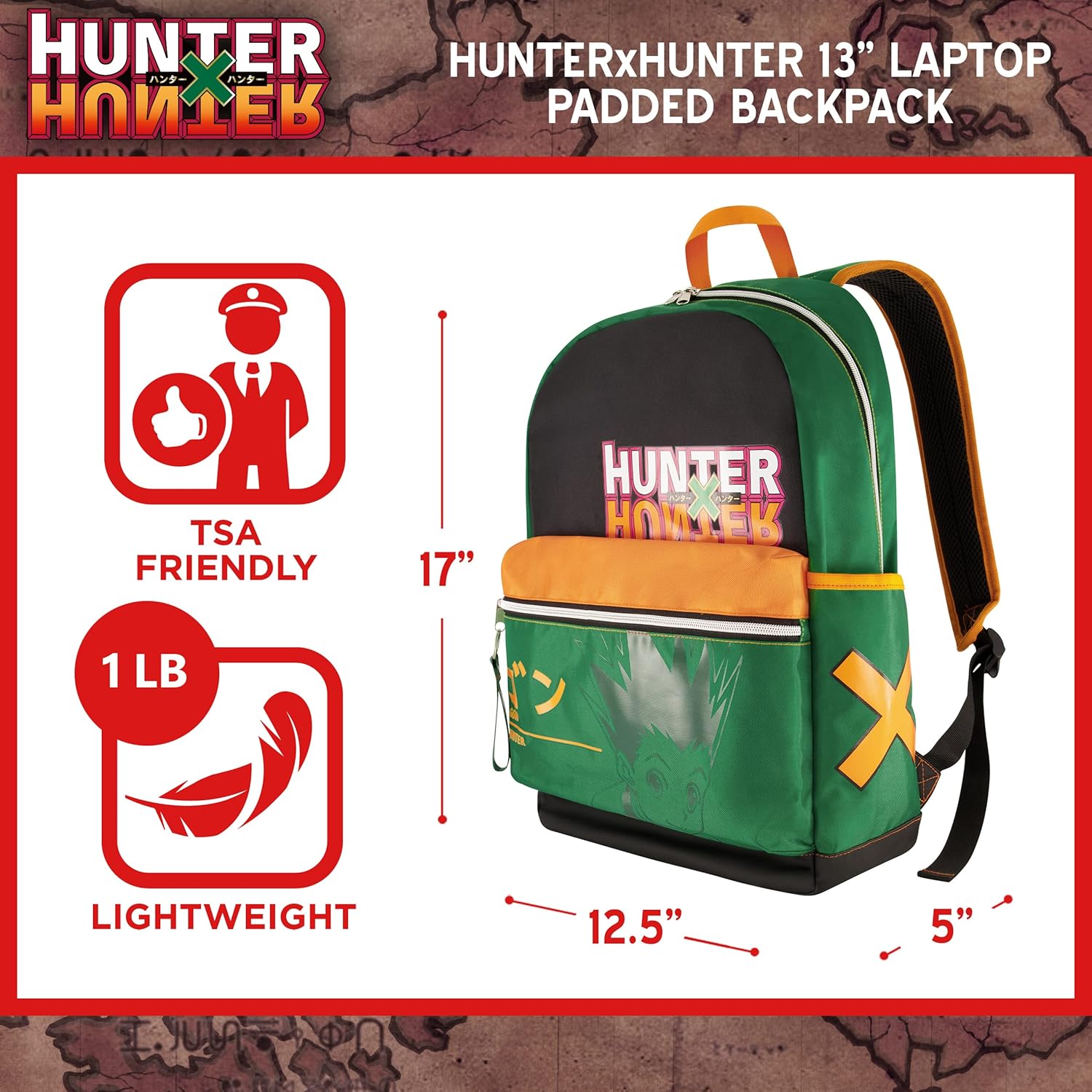 Concept One Hunter x Hunter 13 Inch Sleeve Laptop Backpack, Padded Computer Bag for Commute or Travel, Green