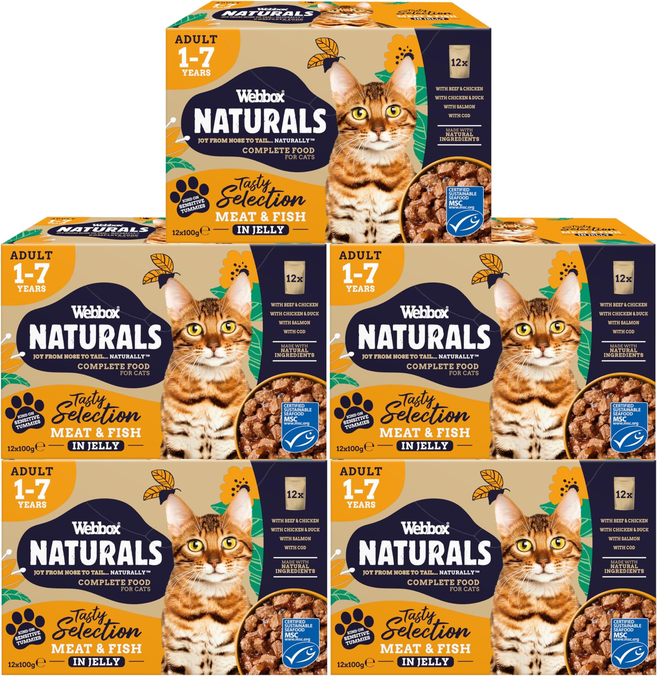 Webbox Naturals Complete Adult Wet Cat Food, 60 x Meat & Fish in Jelly Variety Pack - Made with Natural Ingredients and No Nasties (60 x 100g Pouches)