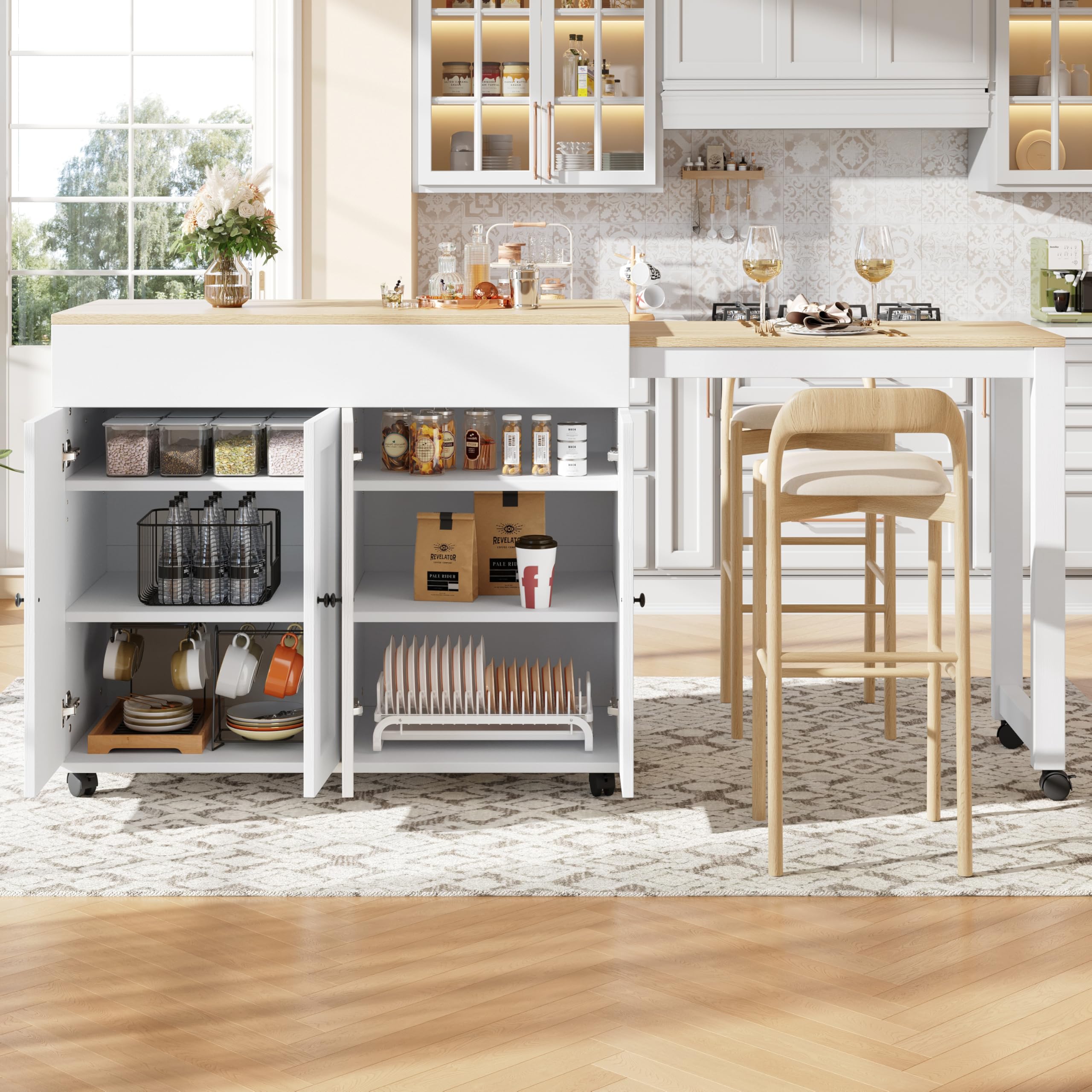 Mesa de Bar Extensible Mesa de Comedor Extensible Moderna 117-180x50x94.6 cm, Isla de Cocina con Ruedas, Mesa de Bar Móvil, Armario de Cocina Buffet Uso como Divisor de Salón, Blanco y Natural