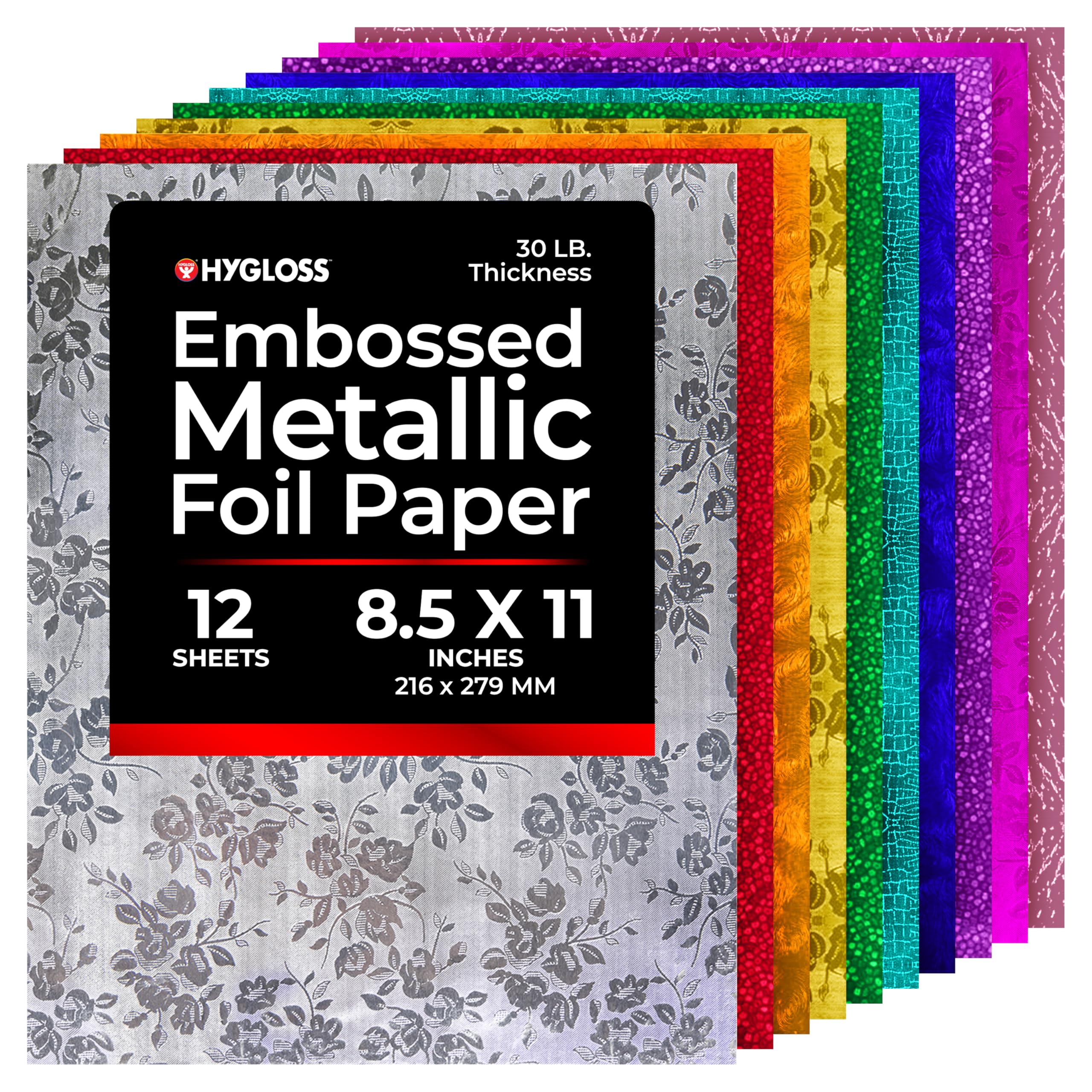 Hygloss Embossed Metallic Foil Paper - 12 Sheets Assorted Colors Shiny Papers - 8.5x11 Inches - Ideal Foil Papers for Crafts - Shiny Craft Paper Sheets