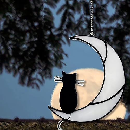 Miniatura 4 de Atrapasoles de gato con barba negra para decoración de jardín para amantes de los gatos, vitrales colgantes para gato en luna negra, adorno de gato
