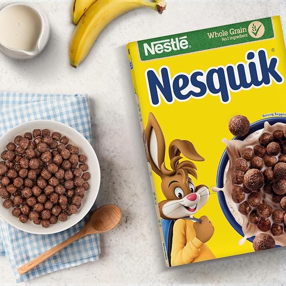 Nestlé Cereals - Nesquik Breakfast Cereal - Bitesize Chocolate Wholegrain Puffed Balls - High Fibre, 7 Vitamins, Calcium & Iron - 375g