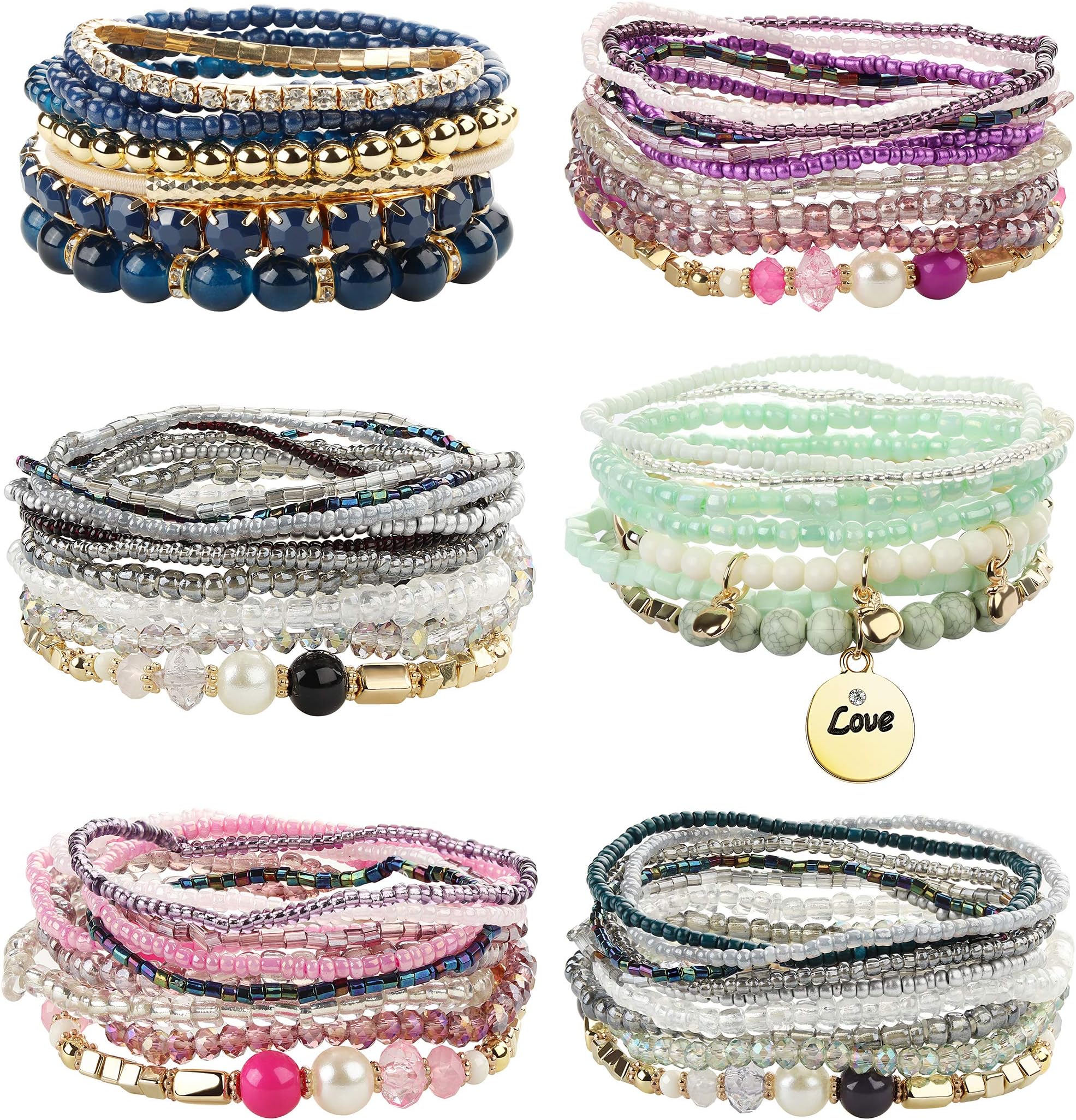 6 Sets Bohemian Stackable Bead Bracelets for Women Stretch Multilayered Bracelet Set Multicolor Boho Jewelry