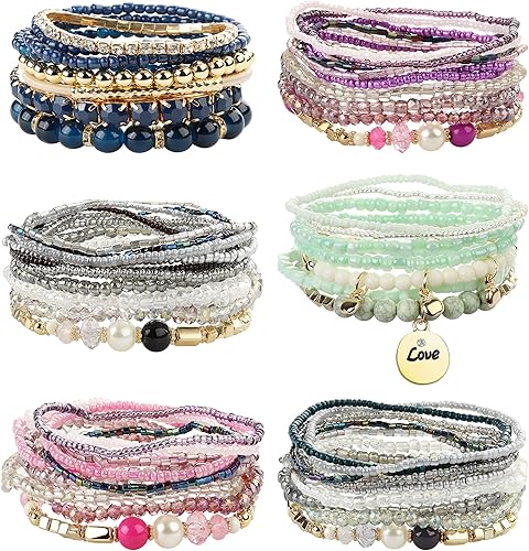 FIBO STEEL Juego de 6 pulseras apilables de cuentas bohemias para mujer, juego de pulseras elásticas multicapa, joyería bohemia multicolor