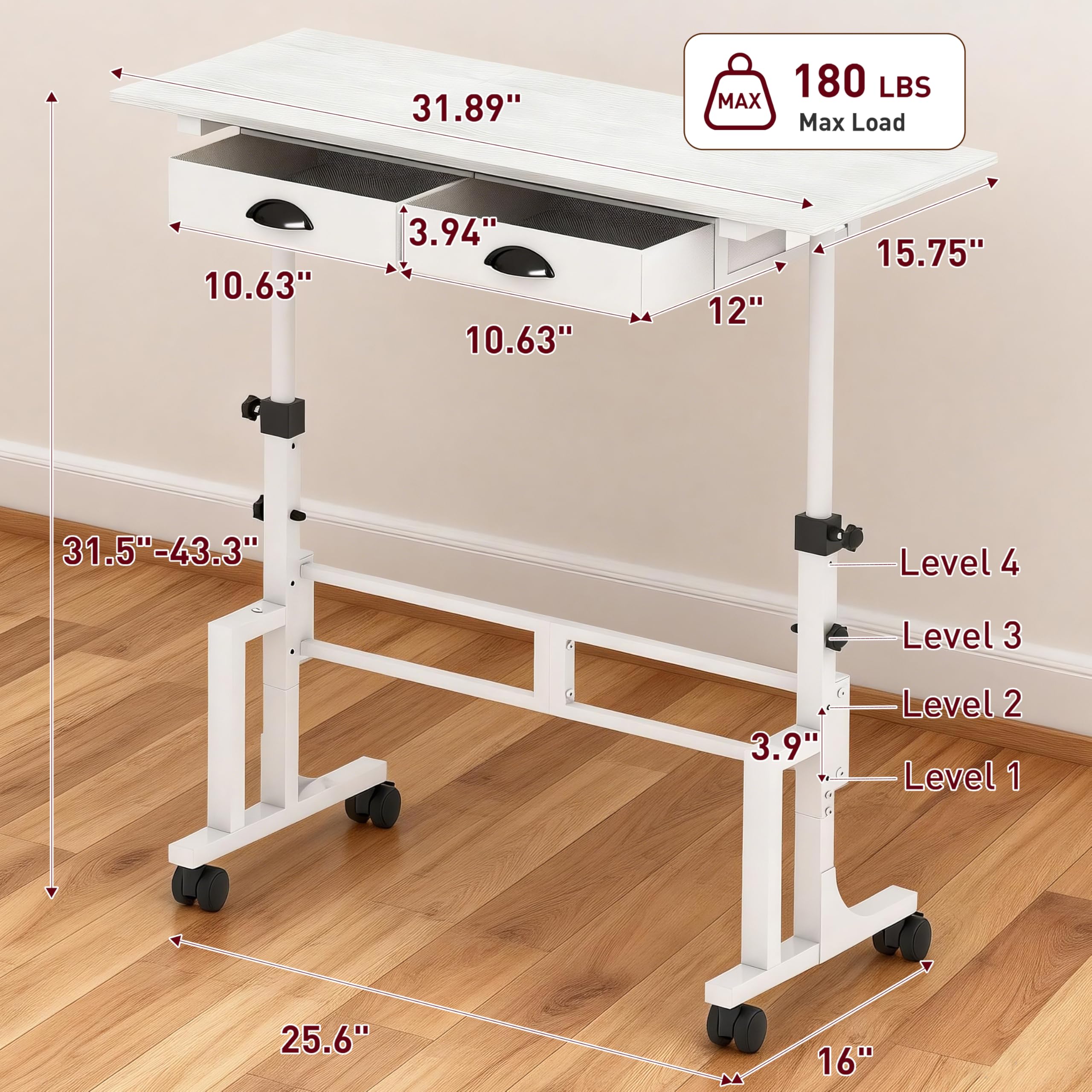 Height Adjustable Standing Desk with 2 Drawers Small Sit Stand Up Desk with Wheels Portable Rolling Desk for — view 2