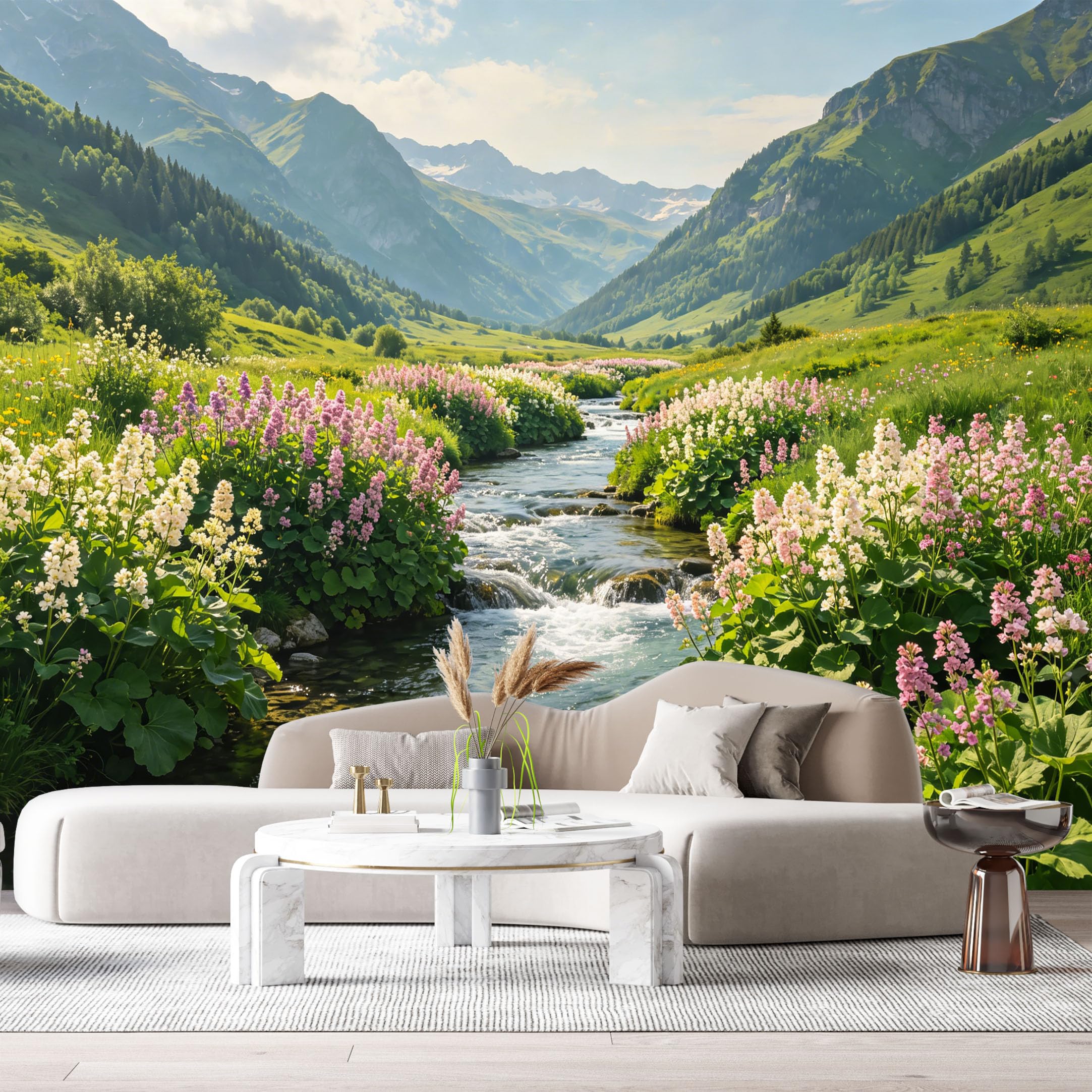 Custom Size Wall Murals Mountain Valley Landscape Blooming Wildflowers River Stream SelfAdhesive Wall Fabric Removable Large Wallpaper for Photo Living Room