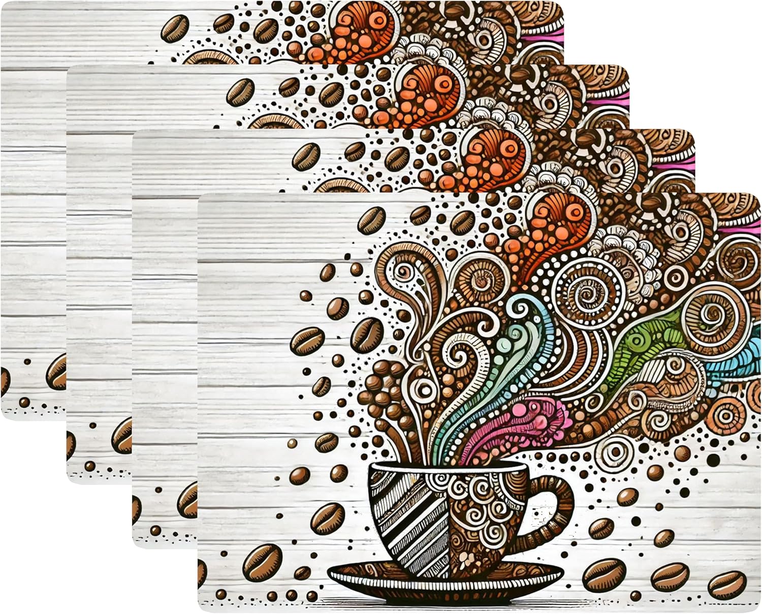 Set of 4 Cork Backed Placemats, Kitchen and Dining Table Decoration Design Hard Placemat 12" x 16" (Coffee Art)