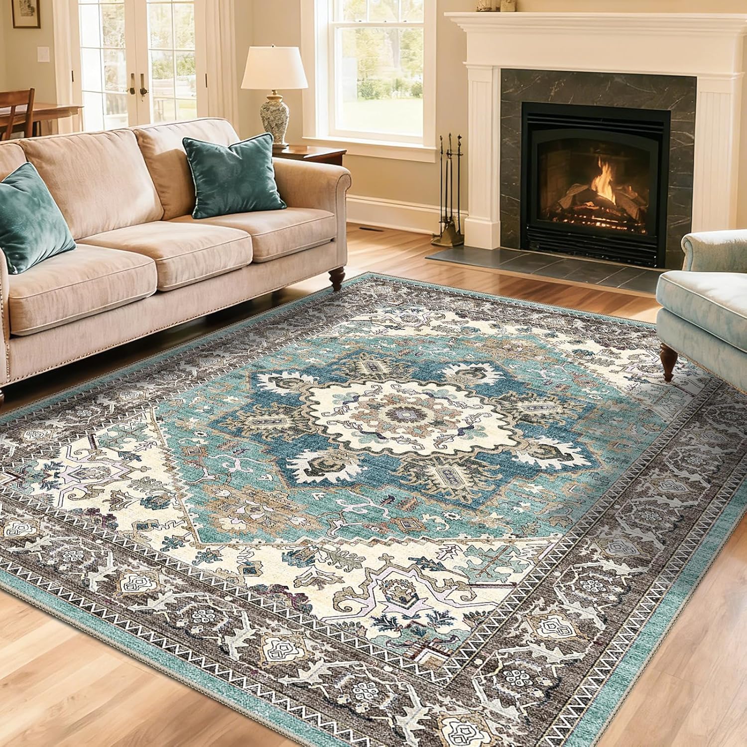 5x7 Boho Area Rugs for Living Room Non-Slip, Low Pile Machine Washable Vintage Large Rugs for Bedroom Dining Room Home Office