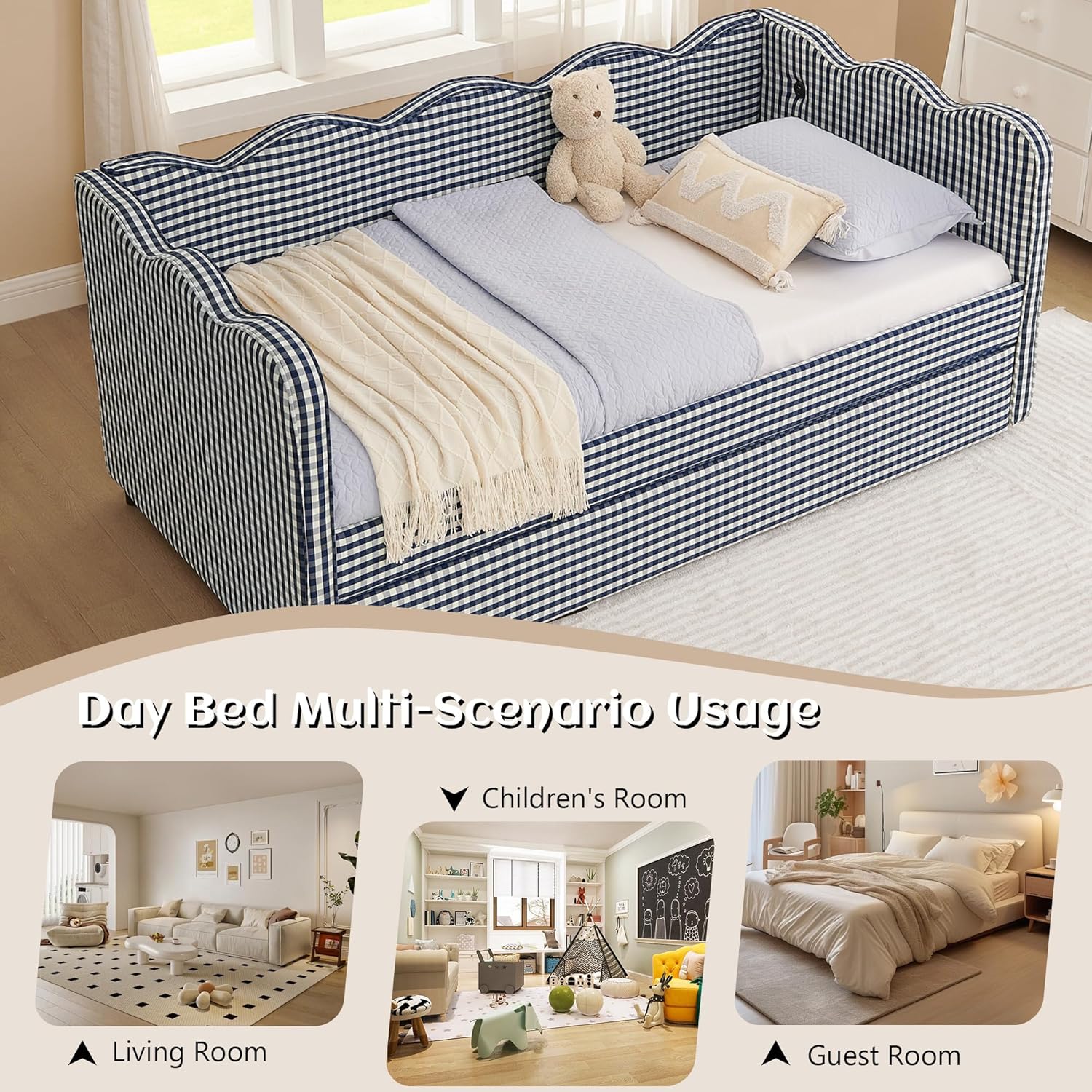 TTK Twin Size Upholstered Daybed with Trundle, Convertible Twin to King Sofa Bed Frame with USB Charging Ports & Wave Backrest, Linen Fabric Guest Bed for Kids Teens Adults (Navy Blue)