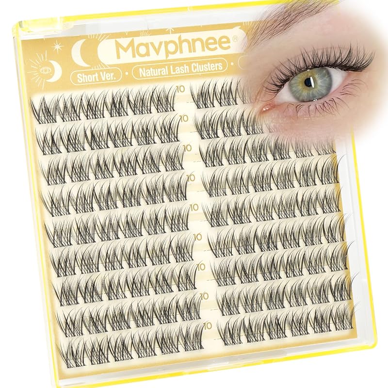 Cílios postiços em tufos Mavphnee 10 mm, faixa transparente, curvatura CC, 108 unidades