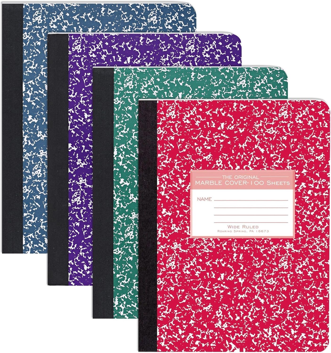 ROARING SPRING Hard Cover Composition Notebook, 4 Pack, Assorted Colors Marble Comp Book, 9.75″ x 7.5″, Wide-Ruled with Margin, 100 Sheets (200 Pages)