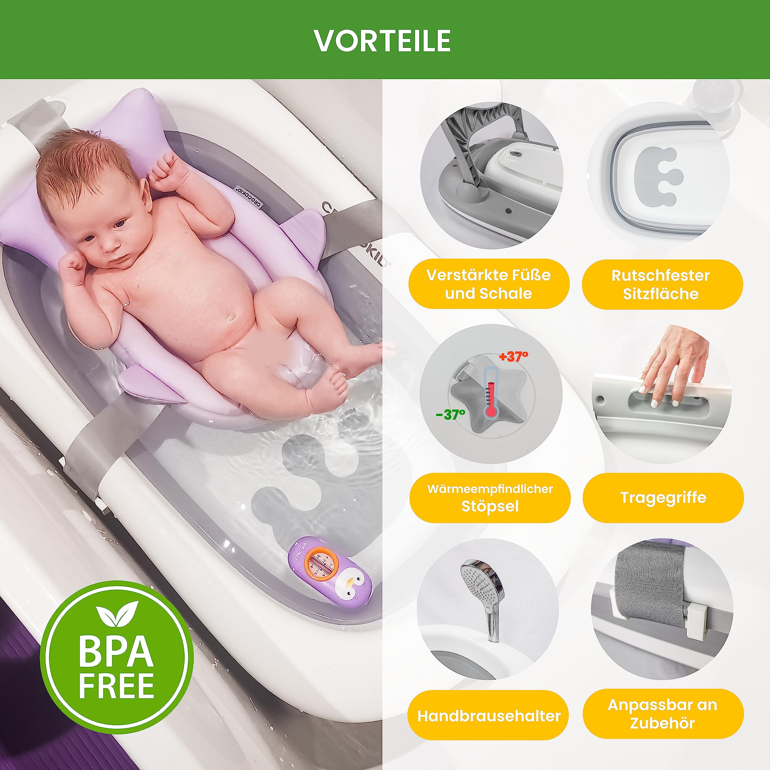 Große Faltbare Babybadewanne - Premiumqualität - Kinder 0 bis 4 Jahren - Badeset: Thermometer/Badekissen/Kniematte - Rutschfeste Füße, Sicherheitsverriegelung - Maße 51x85cm (Badewanne+Set)