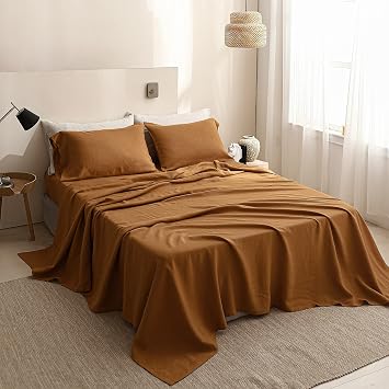 Simple&Opulence French Linen Flat Sheet,100% Natural Flax Bedding Sheet with Stone Washed Queen Size90x102 Ultra Soft Breathable-1 Piece Flat Top Sheet Only Basic Style, Rust