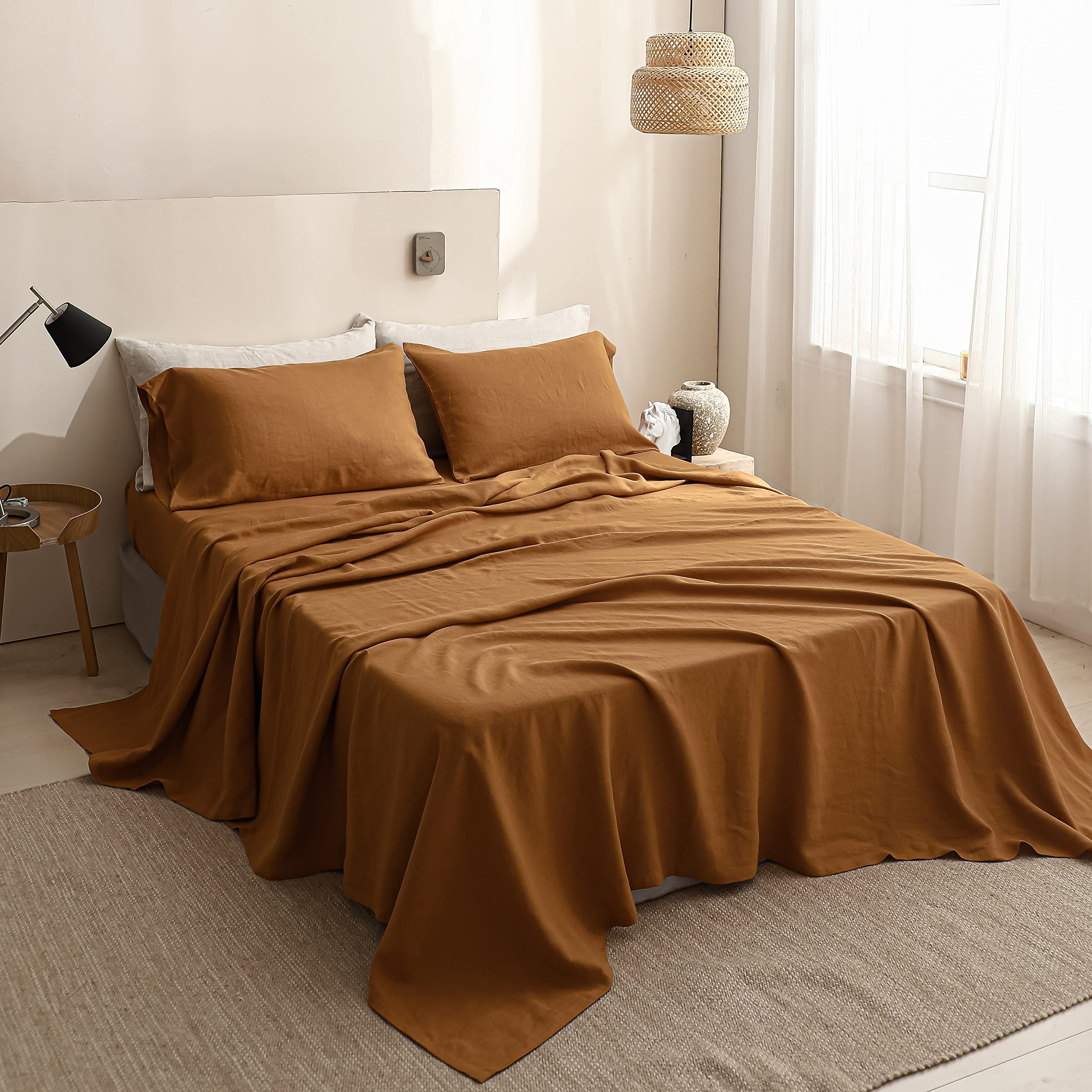 Drap plat lin délavé anti transpiration rouille pour très grand lit doux