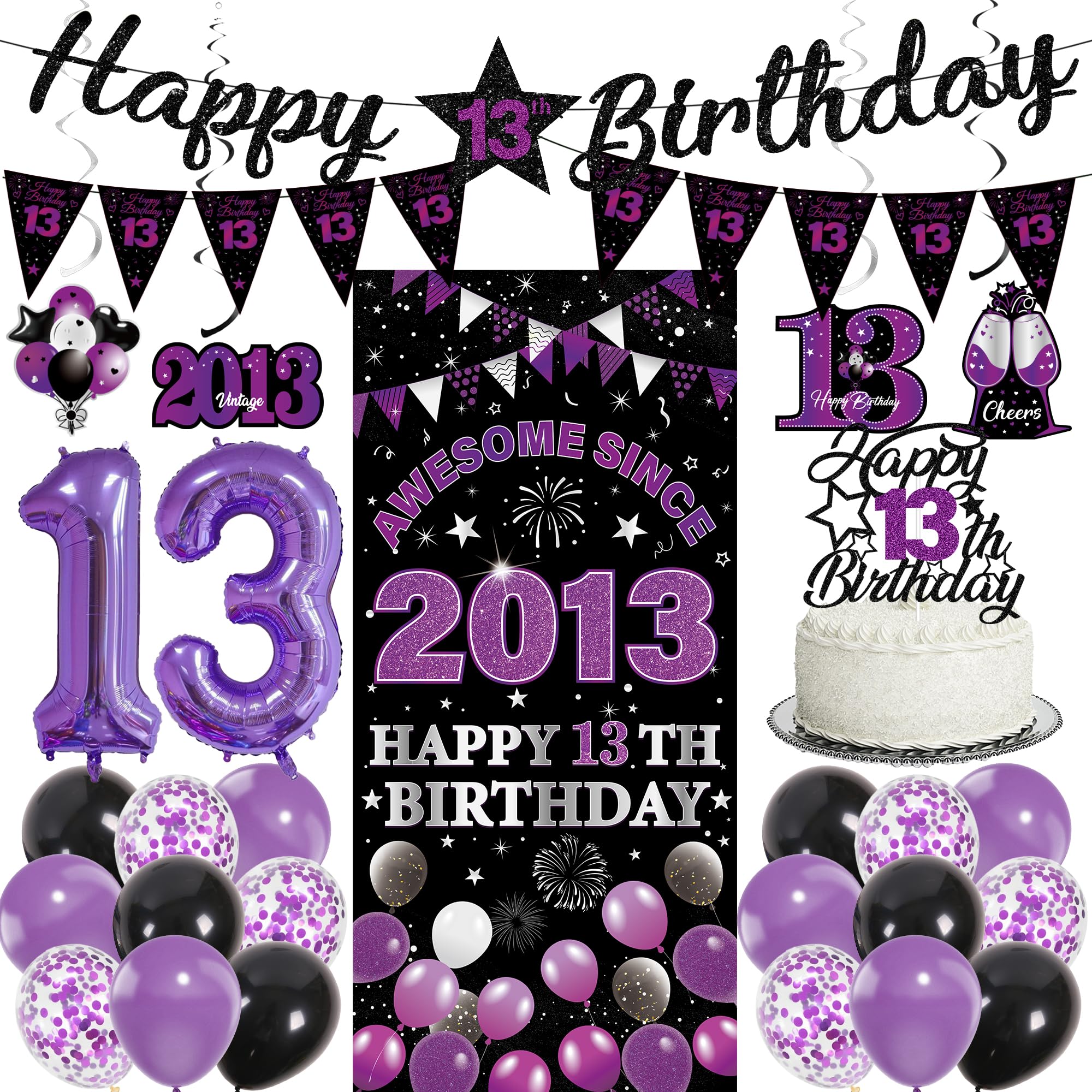 13th Birthday Decorations Girls Kit - 27 Pcs Black Purple Happy 13th Birthday Banner Triangular Flag Hanging Swirls Backdrop Cake Topper 13 Balloon Set for 13 Years Old Party Decoration Supplies