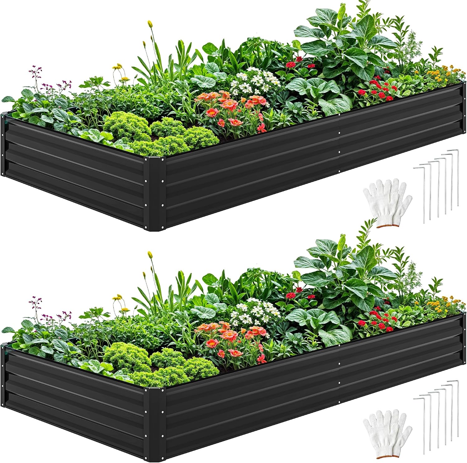 DWVO 2pcs 8 x 4 x 1 FT Raised Garden Bed Kit, Outdoor Galvanized Flower Bed with Safety Rubber and Gloves, Large Metal Planter Box for Vegetables, Flowers, Herbs, Fruits, Black