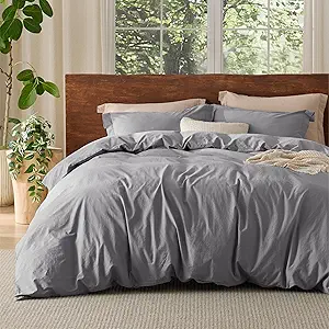 Bedsure 100% Washed Cotton Duvet Cover Queen Size - Gray Minimalist Cotton Duvet Cover Linen Like for All Seasons - GentleSoft™ Plain Simple Bedding (Gray, Queen, 90"x90")