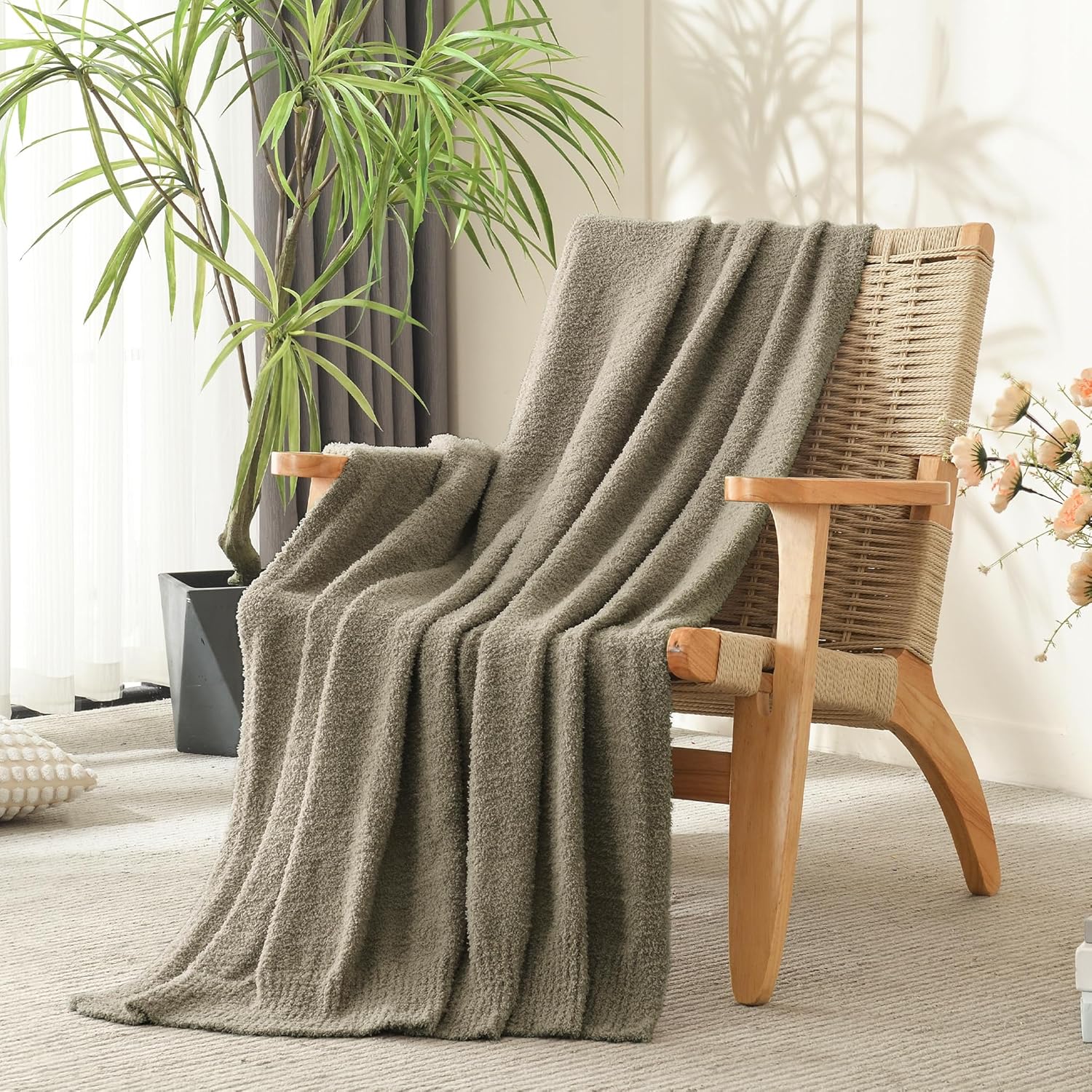JOOJA Taupe Knit Throw Blanket Knitted Boucle Blankets Decorative Soft Fuzzy Throw Bed Blanket for Women Couch 50x60 Inches Taupe - Image 3