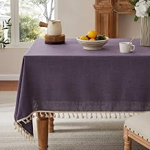 Linen Tablecloth with Tassels, Farmhouse Style Purple Tablecloth, Water Resistant Burlap Tablecloths for Square Table, 52x52 Inch Purple