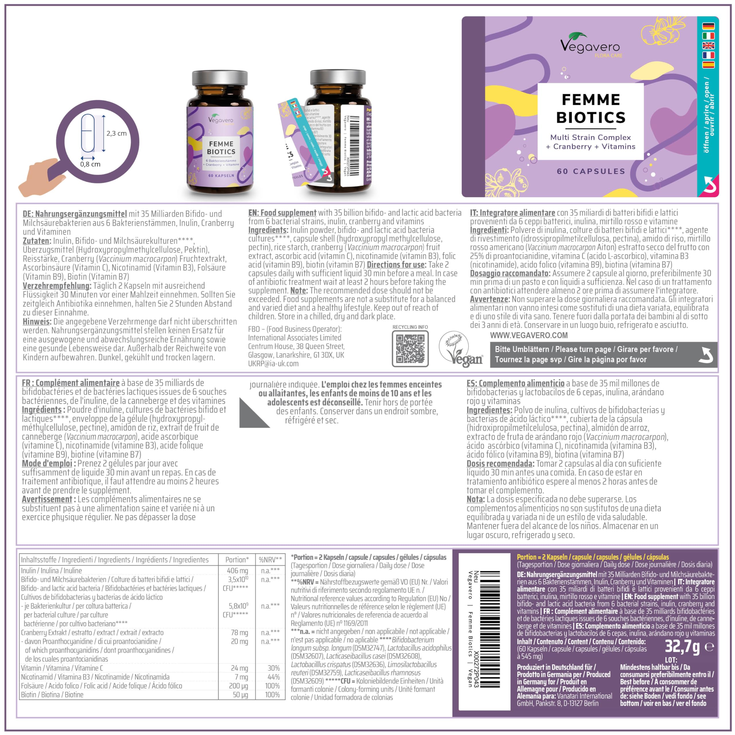Probiotici Donna | 35 Miliardi UFC/giorno da 6 Ceppi Batterici | con Mirtillo Rosso, Vitamine, Lattobacilli e Bifidobatteri | per Flora Intima e Vie Urinarie | 60 capsule | Vegan | Vegavero