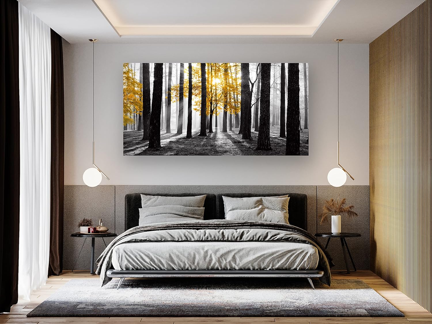 Cao Gen Decor Art S06375 Wall Art Canvas Painting Yellow Tree in Black and White Sunshine Foggy Forest Picture Poster Print Framed Ready to Hang for Living Room Bedroom Office Home Decor