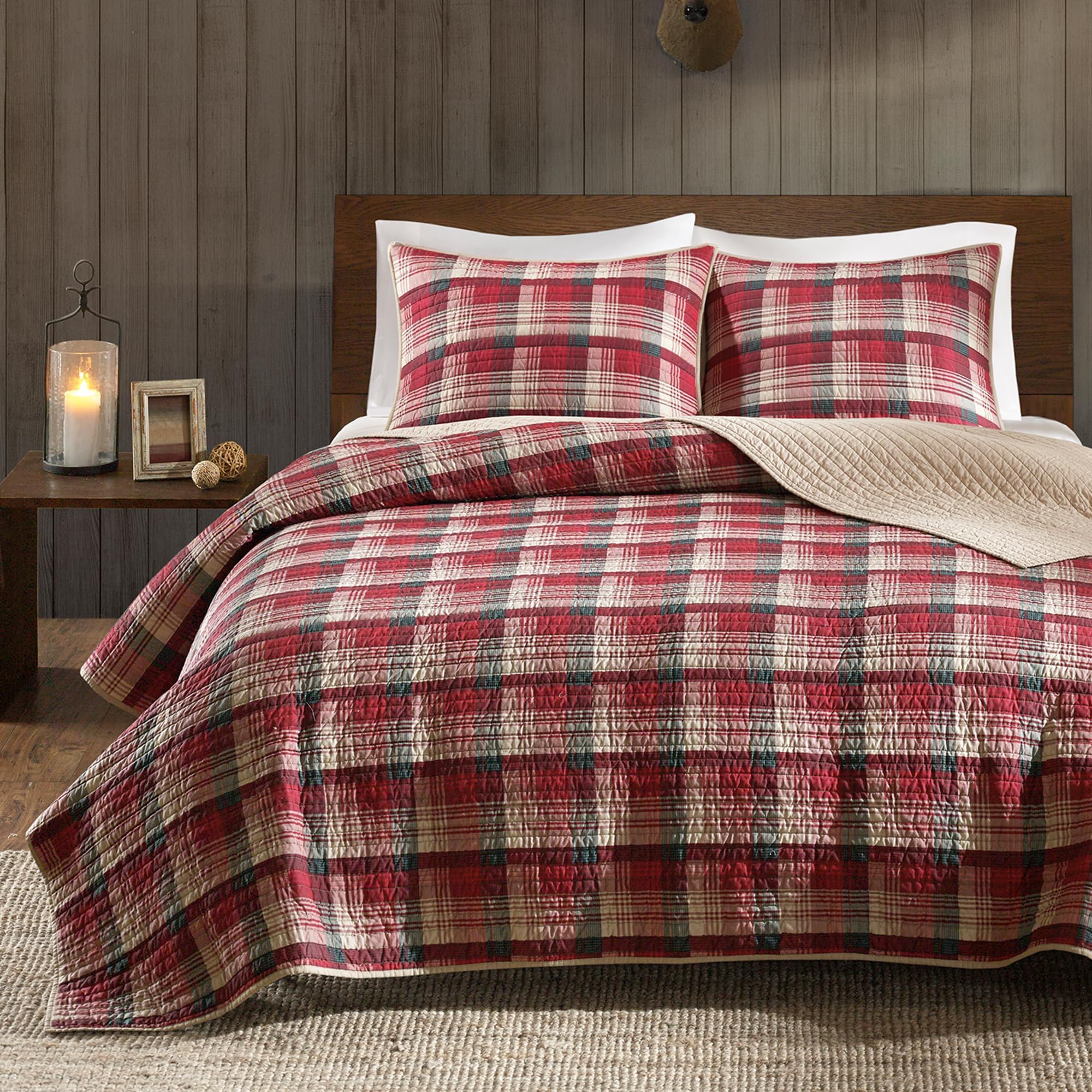 Woolrich Reversible Quilt Cabin Lifestyle Design - All Season, Breathable Coverlet Bedspread Bedding Set, Matching Shams, Oversized Full/Queen, Tasha Plaid Red/Tan 3 Piece