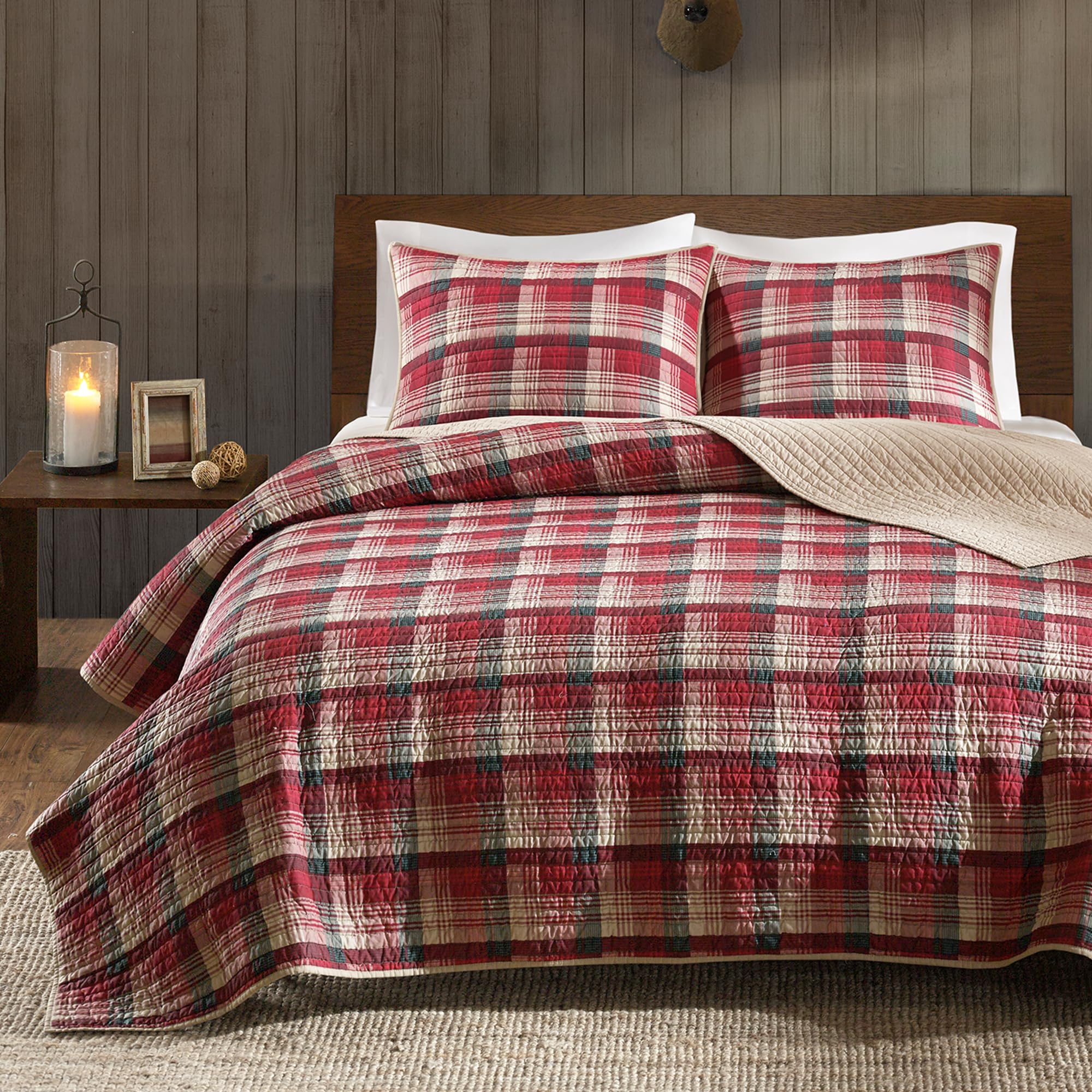 WOOLRICH All Season, Breathable Coverlet Bedspread Bedding Set, Matching Shams, Cotton, Plaid Red/Tan, King/Cal King(110"x96")