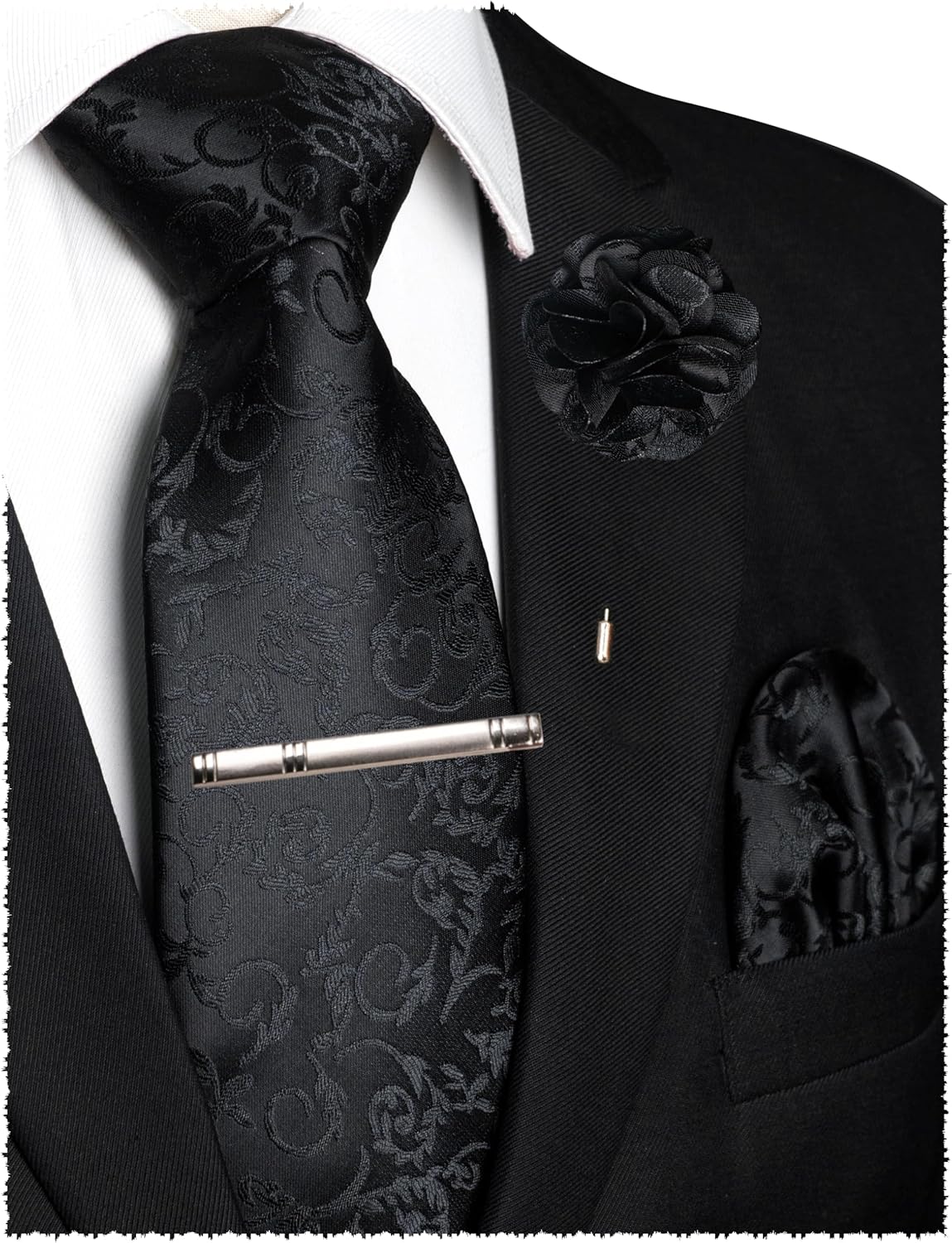 JEMYGINS Mens Floral Tie and Lapel Pin Necktie Pocket Square and Tie Clip with Sets for Business Casual 4PCS - Image 2