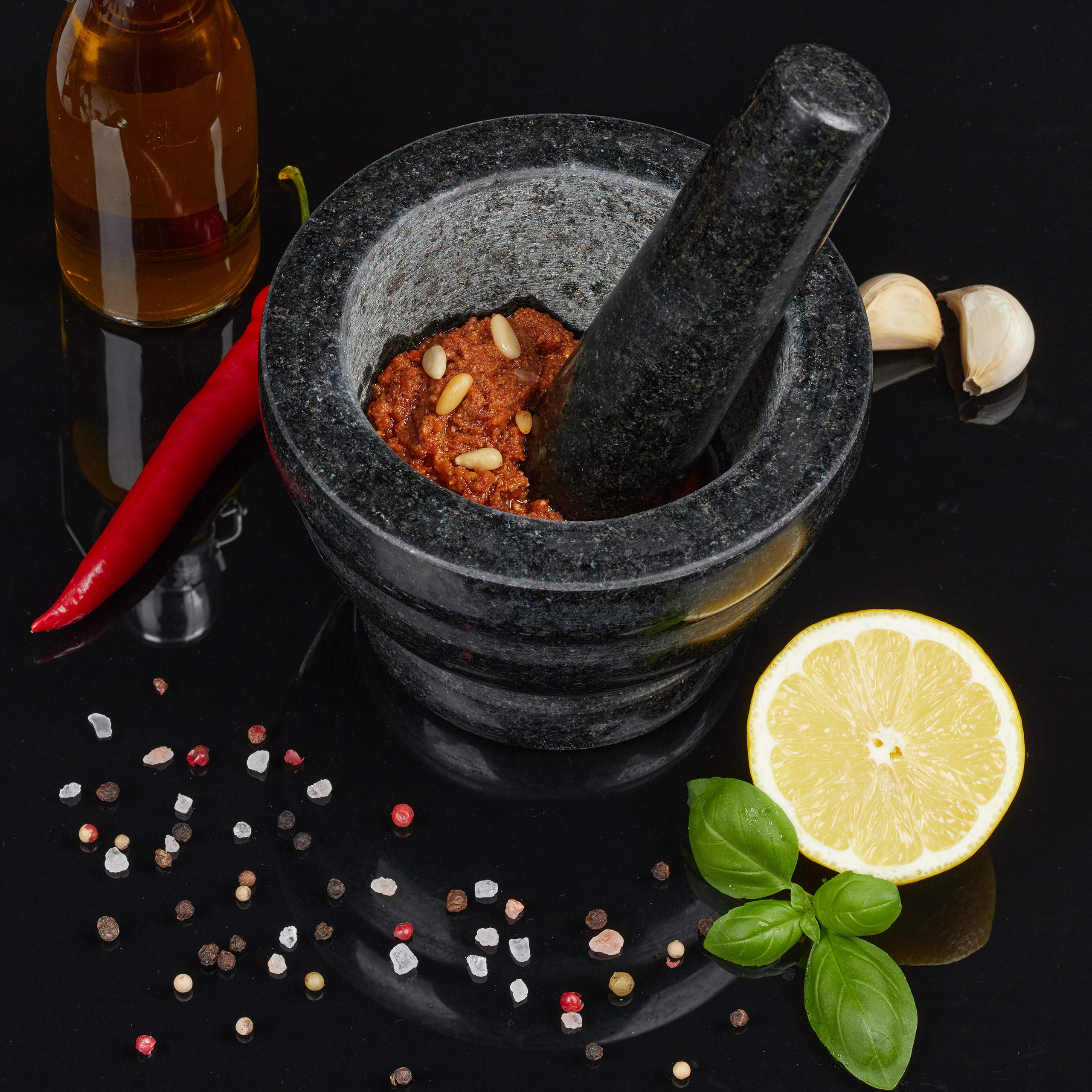 Relaxdays Mortaio e Pestello, in Granito Massiccio, Resistente, Basilico, Pesto, Superficie Ruvida, Ø14, 400 ml, Grigio