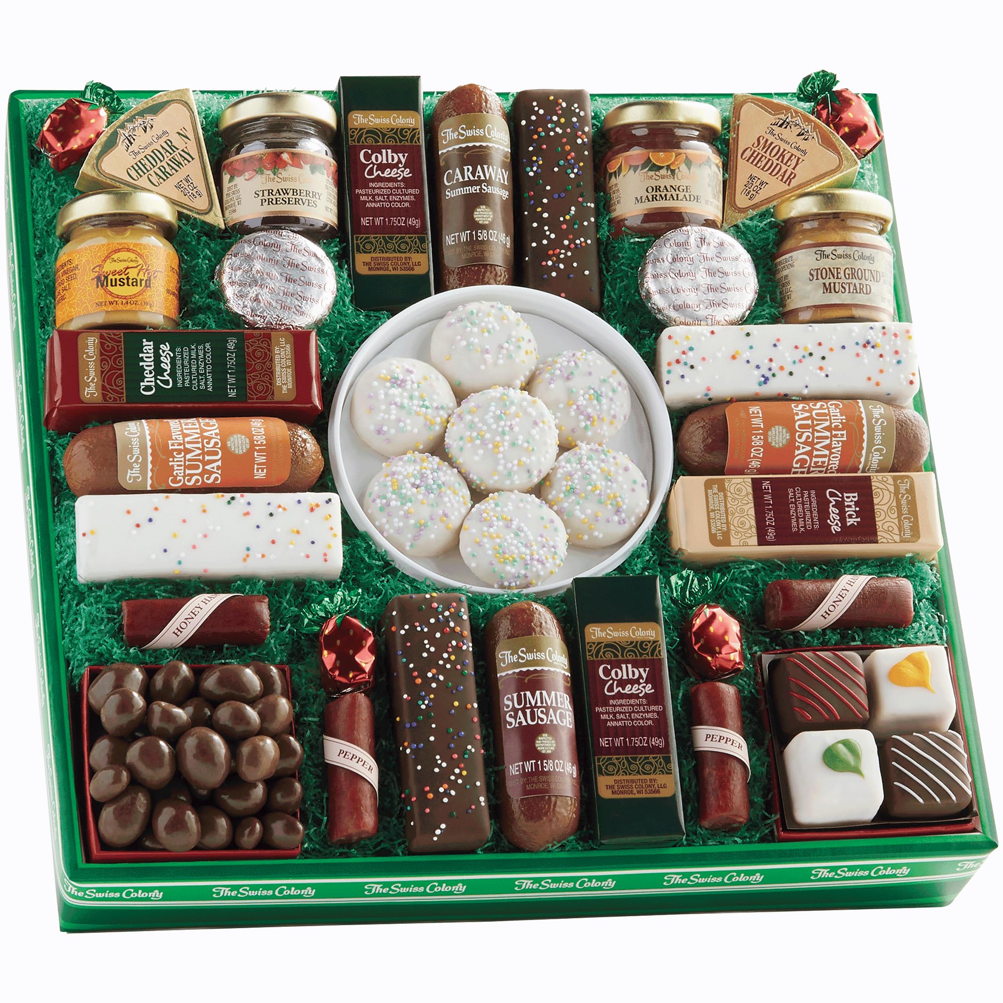 The Swiss Colony 27 Favorites Food Gift Set, Summer Sausage Meats and Cheeses, Assorted Chocolates, Candies, Petits Fours, Cheese & Charcuterie Board Gifts Basket, Holiday, Christmas - Box: Green Spring w/ 24 Petits Fours