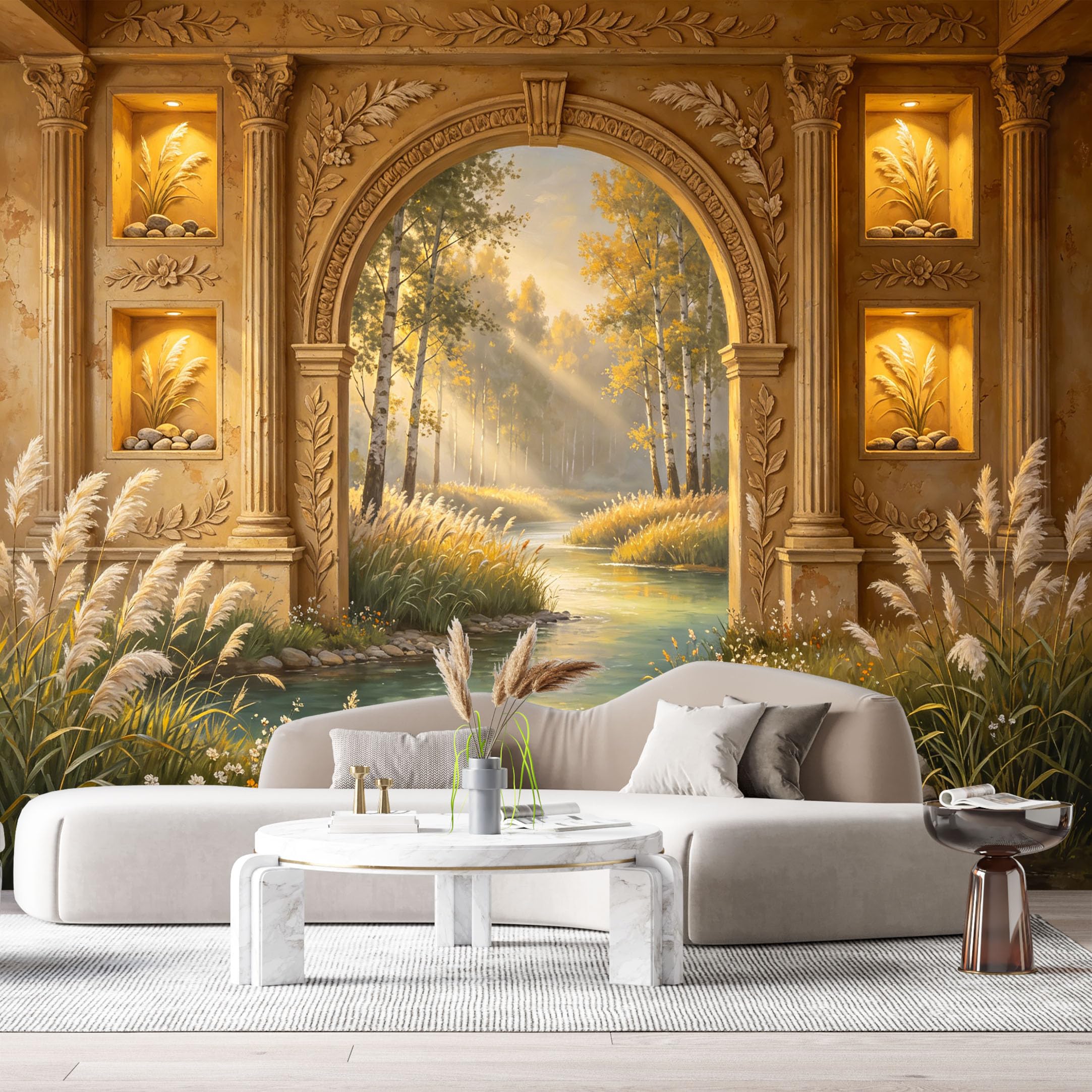 Custom Size Wall Murals Classical Stone Archway Forest Landscape River 3D Trompe L'Oeil SelfAdhesiveWall Fabric Removable Wallpaper Wall Decor for Living Room Bedroom Bathroom