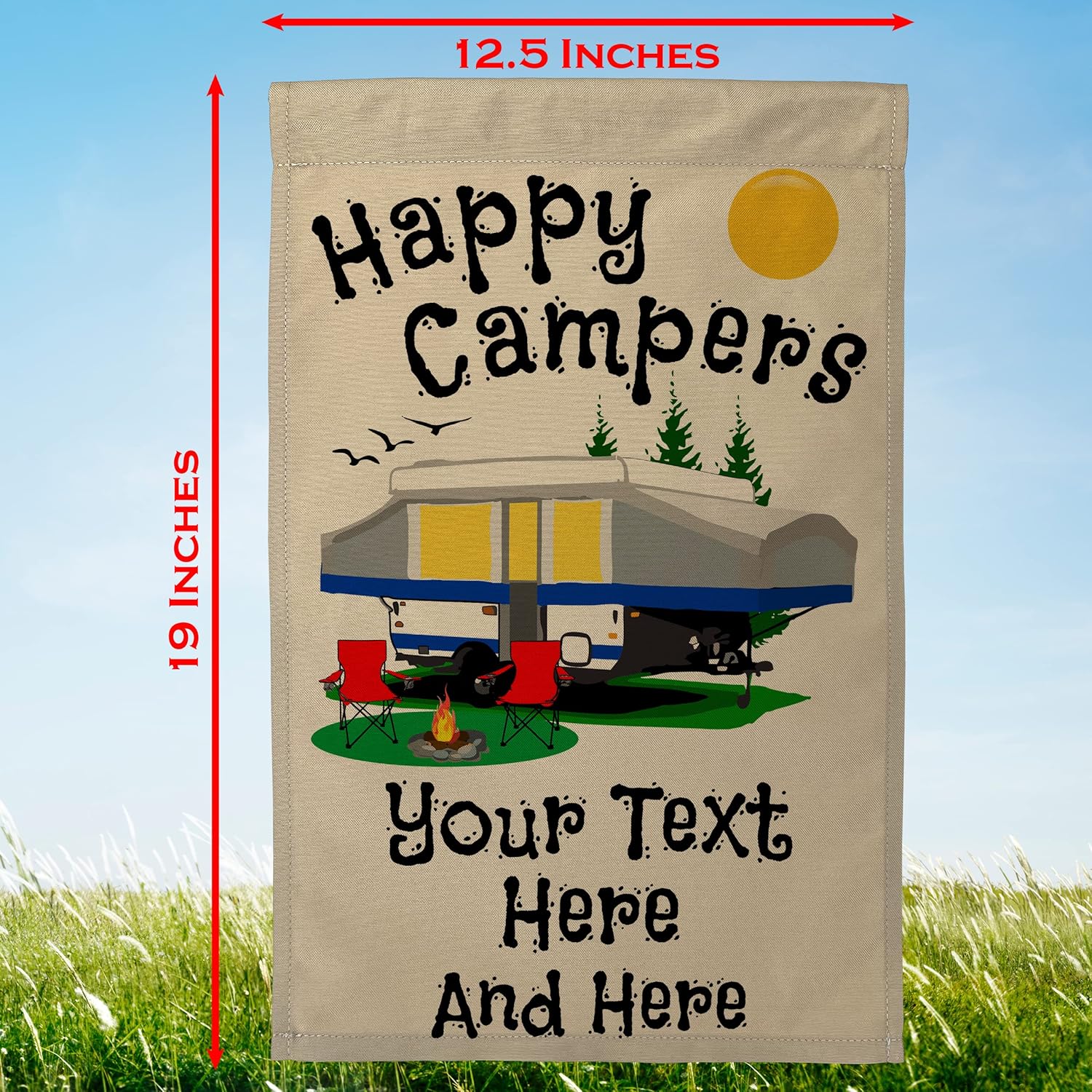 Personalized Camping Flag, Features a Blue Pop-Up Tent Trailer with 3 Additional Lines of Your Custom Text, Printed on Tan Fabric
