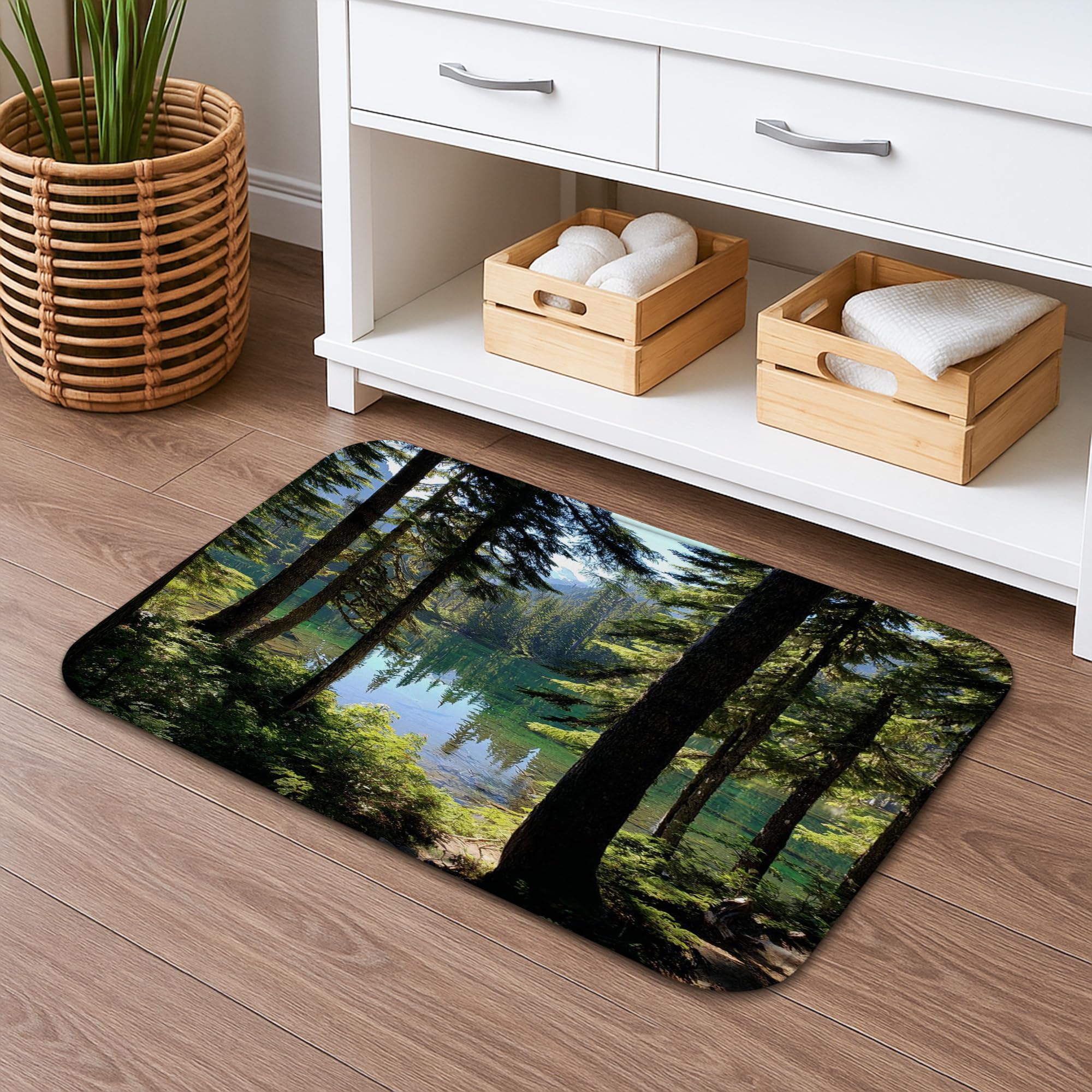 Forest Landscape Quick Dry Bath Mat, Nature Green Scene Absorbent Non Slip Shower Mat, Summer Memory Foam Washable Bath Rugs for Bathroom Toilet