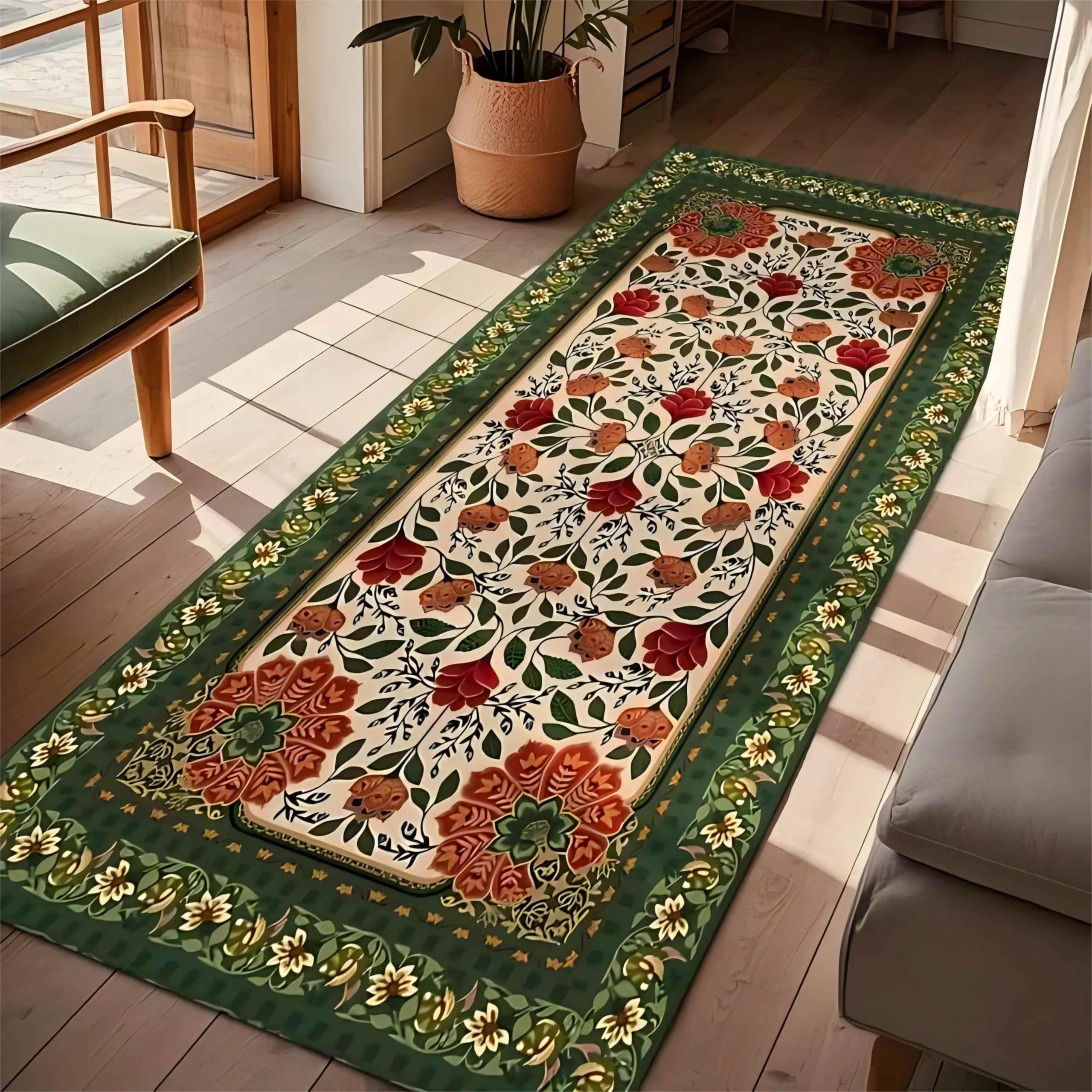 Bohemian Hallway Runner Rug,65x300cm, Vintage Ethnic Tribal Rustic Plant Red Flower Green Leaf Area Rugs, Non-Slip Non-Linting Indoor Entrance Washable Runner Rugs for Living Room Dining Room Kitchen