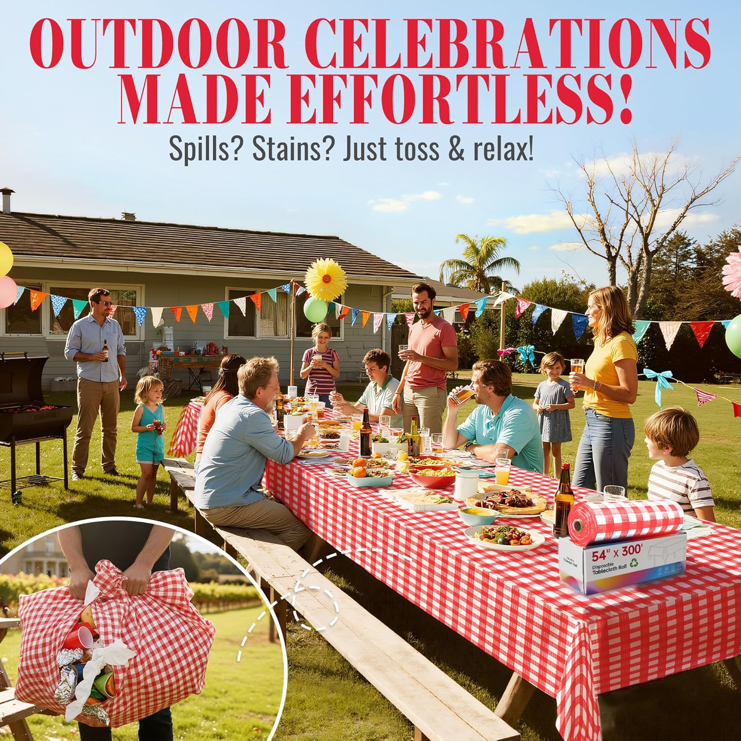 Plastic Table Cloth Disposable, 54In X 300Ft Table Cover Roll, Disposable Tablecloth with Slide Cutter for Rectangle Round Tables, Party Tablecloths for Birthday, Wedding, Picnic, Party (Red Plaid)