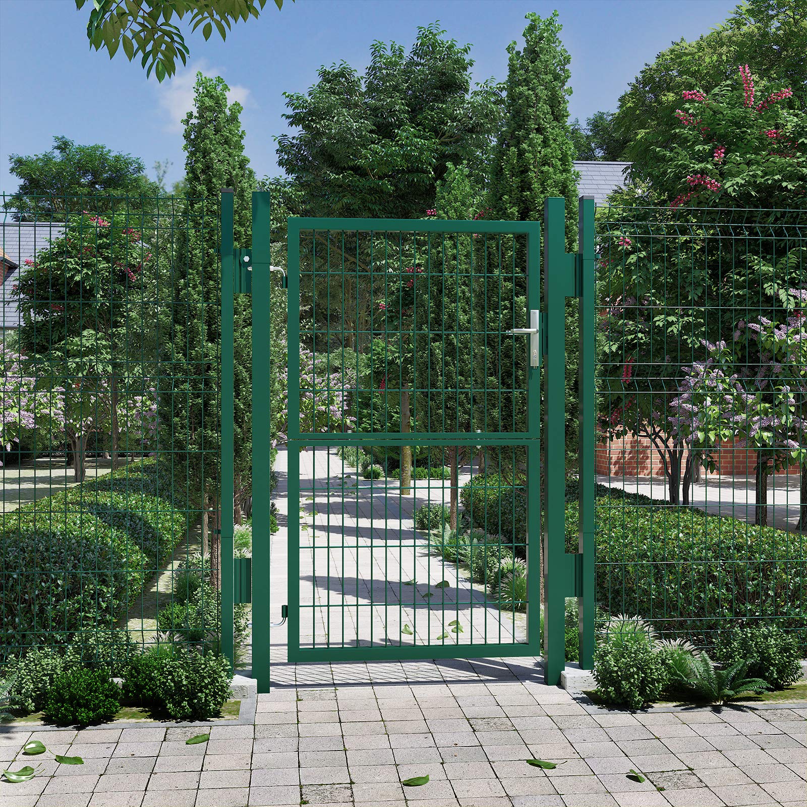 SONGMICS Puerta de Jardín de Acero Galvanizado, Puerta para Valla, con Cerradura, Manija y Llave, 106 x 150 cm (Largo x Alto), Verde GGD200L