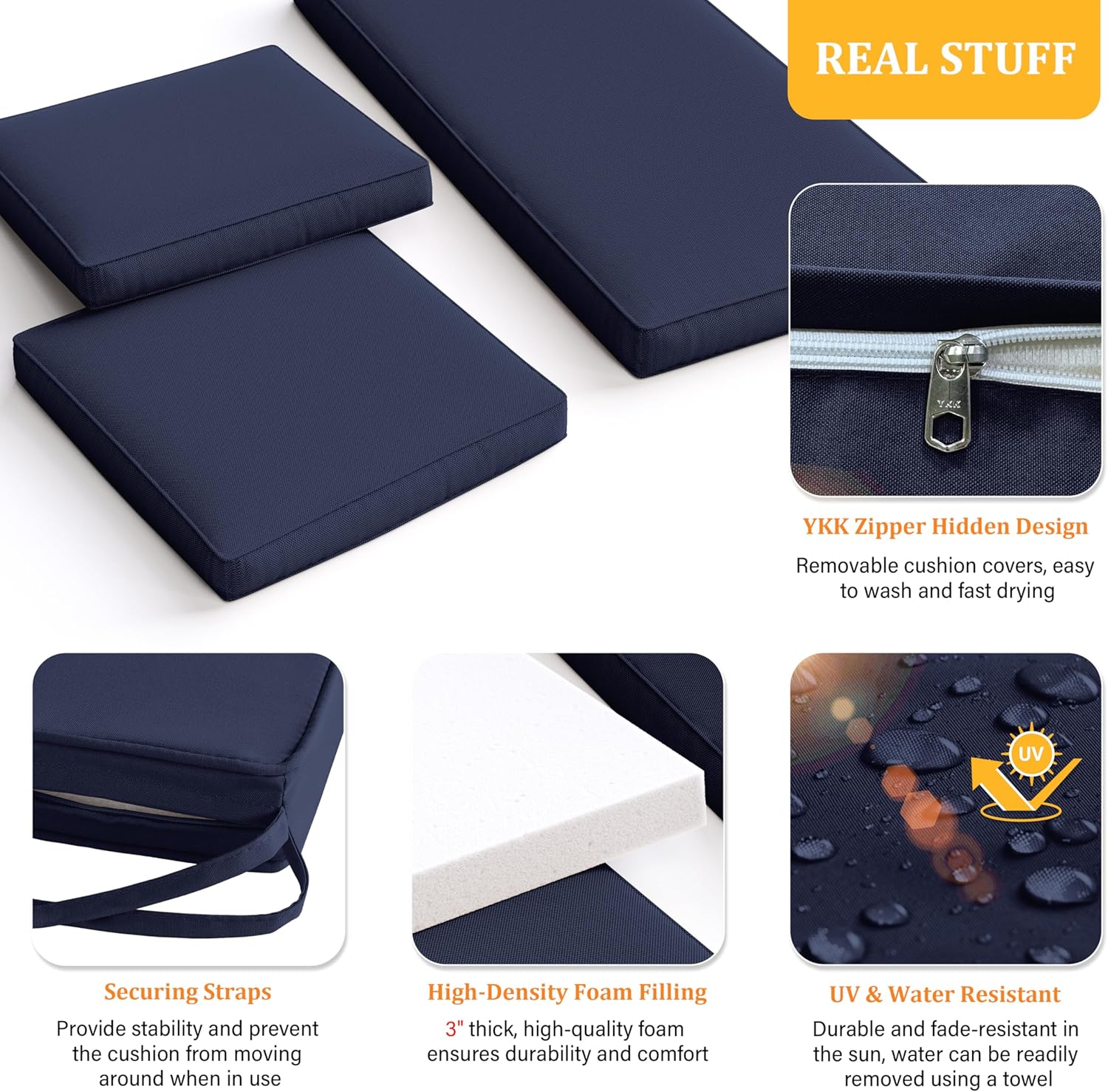 3 Pack Outdoor Replacement Cushions, Fit for 4-Seater Wicker Rattan Patio Conversation Set, 36x18x3,18x18x3, Liner & Cover