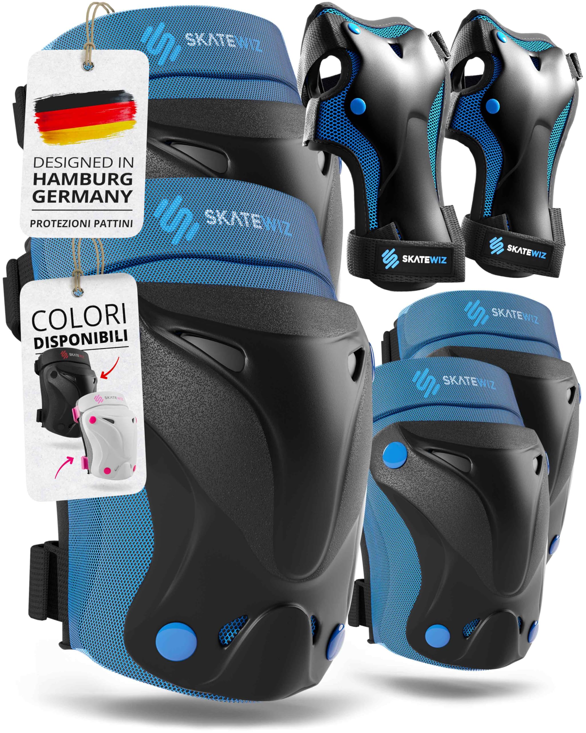 SKATEWIZ Protezioni Pattini Bambina [6pc] Protezioni per Pattini per Ragazze - Ginocchiere Bambina, Bambino e Adulti