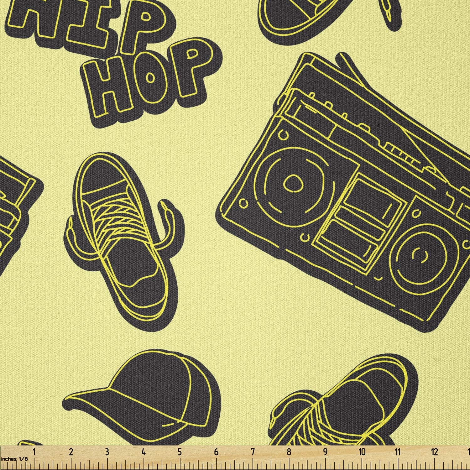 AmbesonneHip Hop Fabric by The Yard, Subculture Themed Print with Boombox Sneaker and Hip Hop Font, Stretch Knit Fabric for Clothing Sewing and Arts Crafts, 1 Yard, Pale Yellow