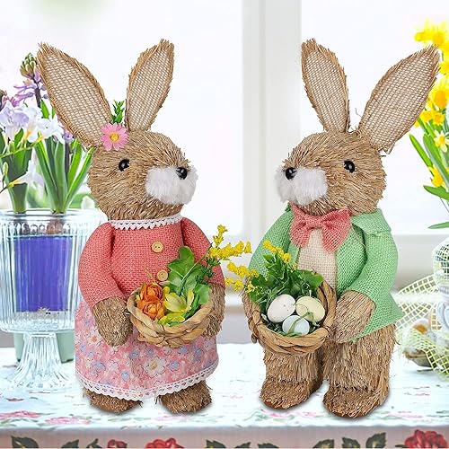 Miniatura 7 de Juegoal Juego de 2 figuras de conejo de Pascua de pie, 13.8 pulgadas, hechas a mano, estatuas de mesa de conejos de Pascua, lindos accesorios de