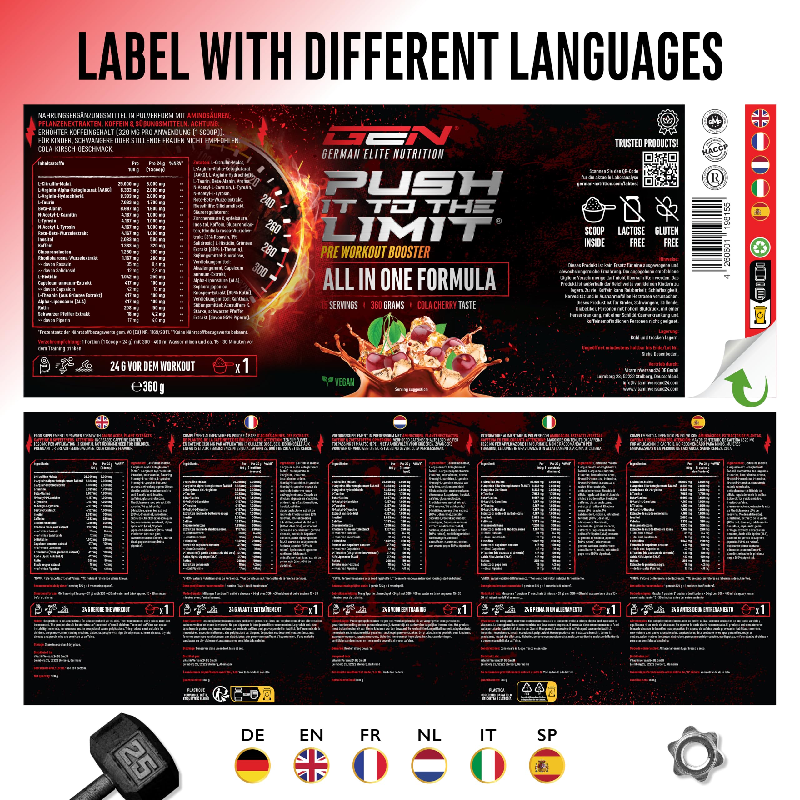 GEN GERMAN ELITE NUTRITION Push it to the Limit - Pre Workout - 360 g | Cola Cherry, hochdosiert, L-Arginin, Citrullin & Koffein, L-Tyrosin, L-Theanin, L-Carnitin, AAKG, Taurin, Rhodiola