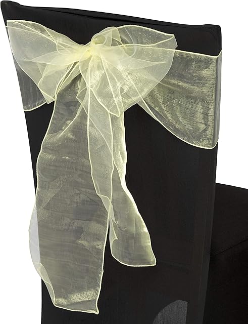 Weddecor Organza Sashes for Chair Covers Fuller Bow Ribbons in Yellow for Banquet, Birthday, Anniverysary, Christmas Parties, Event Decoration, 17cm x 280cm, 1pc