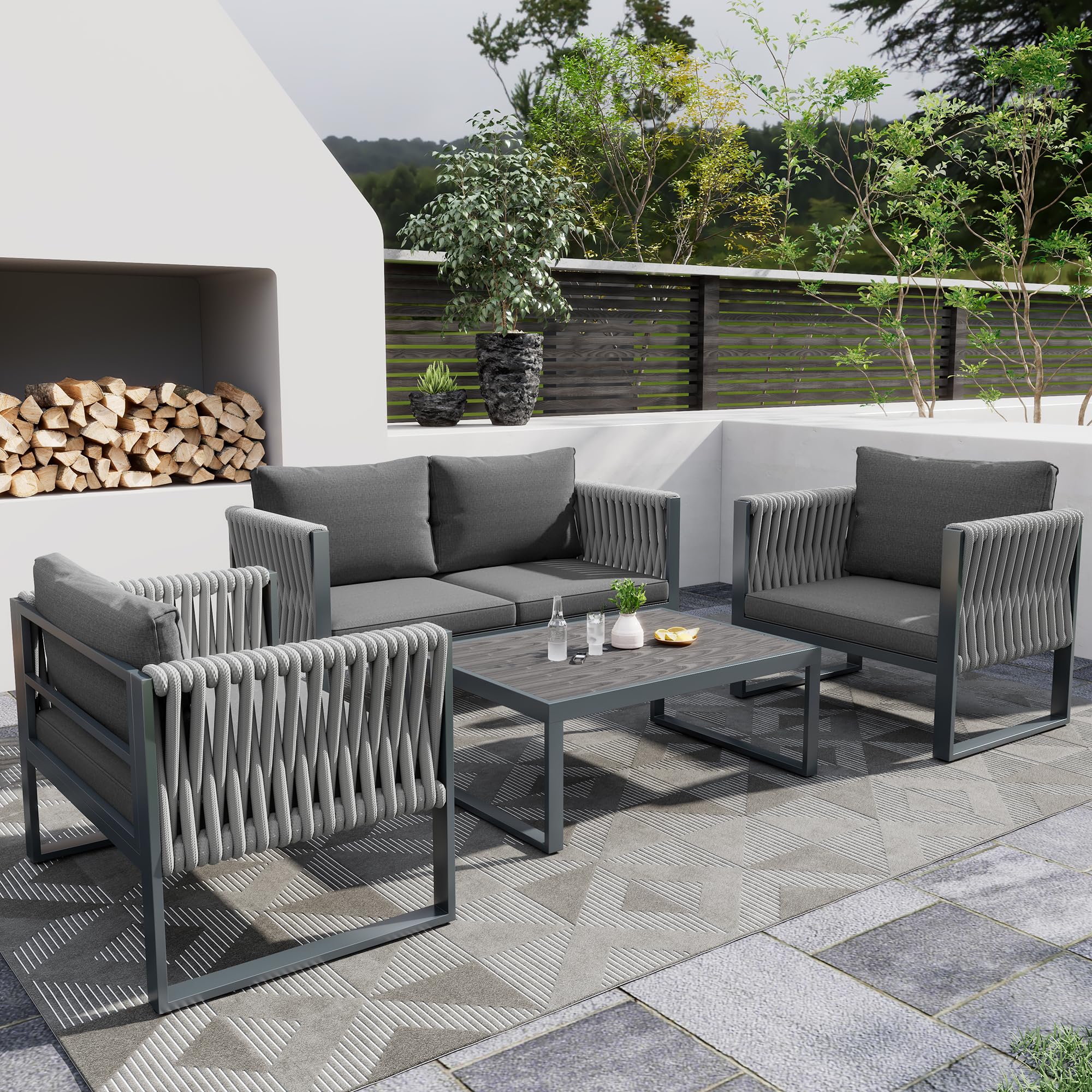 Jtyca Garden Furniture Sets, Outdoor Lounge Furniture, Patio Set for 4 People, for Garden, Balcony, Terrace, Rope Weave All-Weather Seating Set, Galvanised Iron Frame, Grey