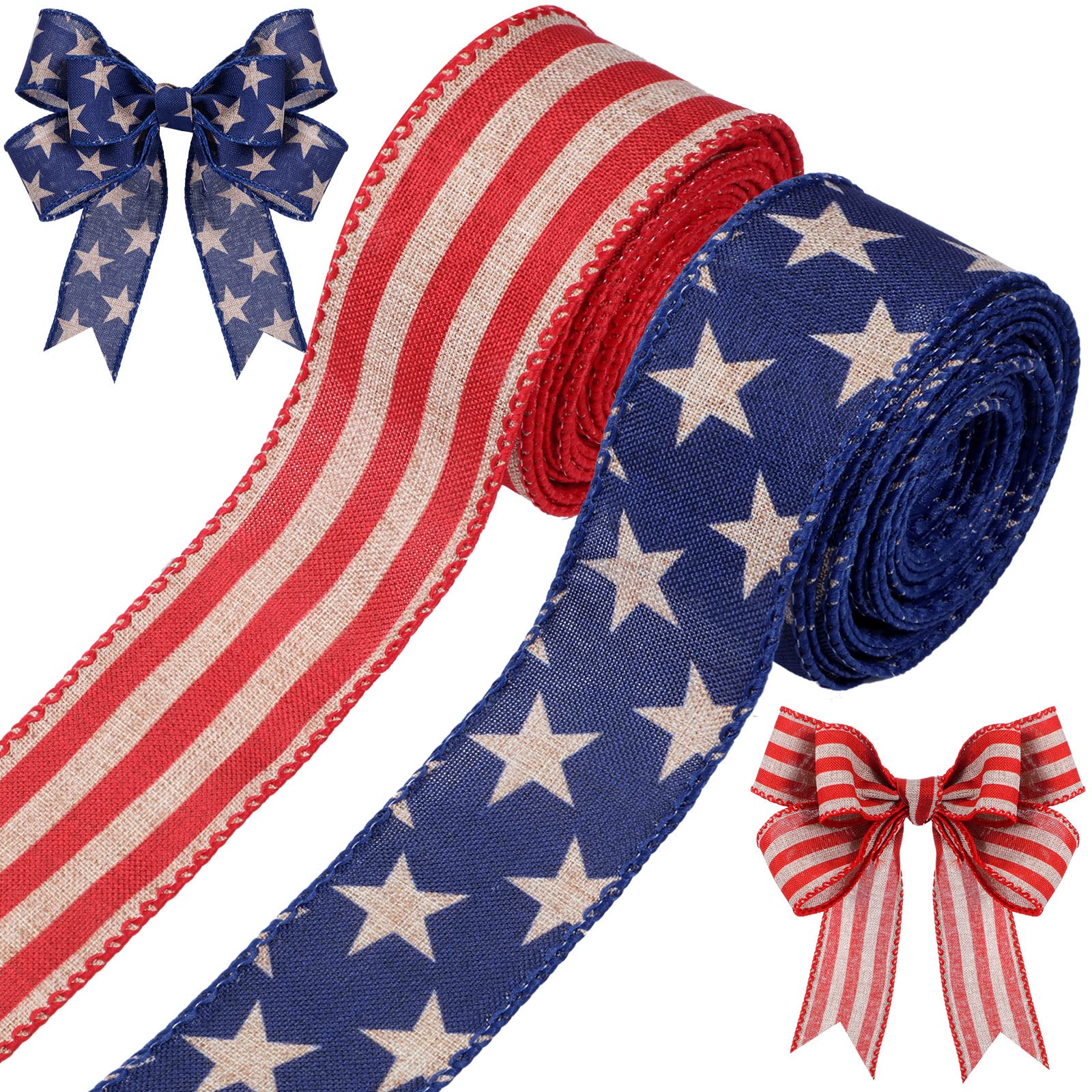 Photo 1 of Hoteam 250th Anniversary 2 Rolls 20 Yard Red White and Blue Ribbon Patriotic Star and Striped Wired Royal USA Ribbon DIY Crafts for Xmas Holiday Decor(1.5 Inch,Red, Beige, Blue)