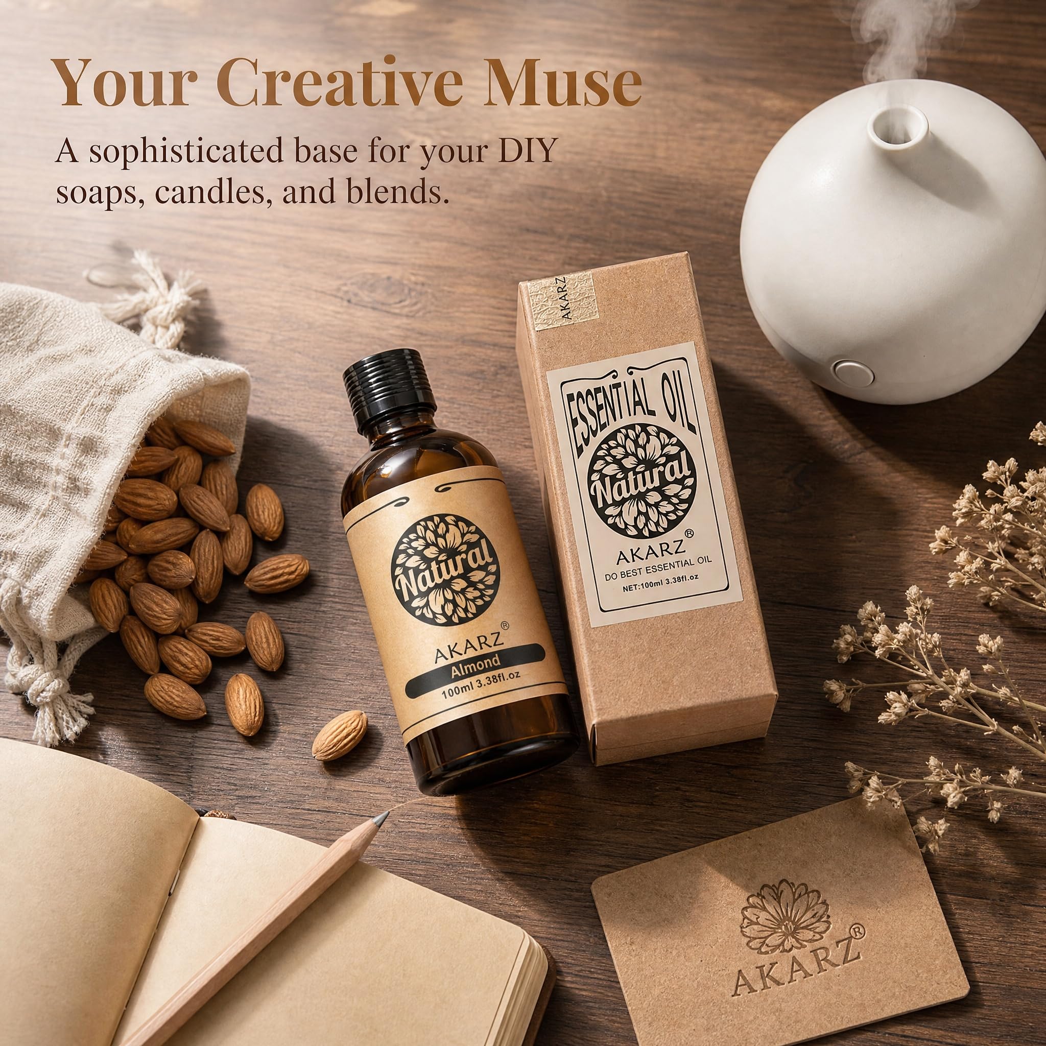 AKARZ 100ml Olejek esencjny z Migdału - Naturalny olejek aromatyczny do dyfuzorów, lamp aromatycznych i aromatów pomieszczeń